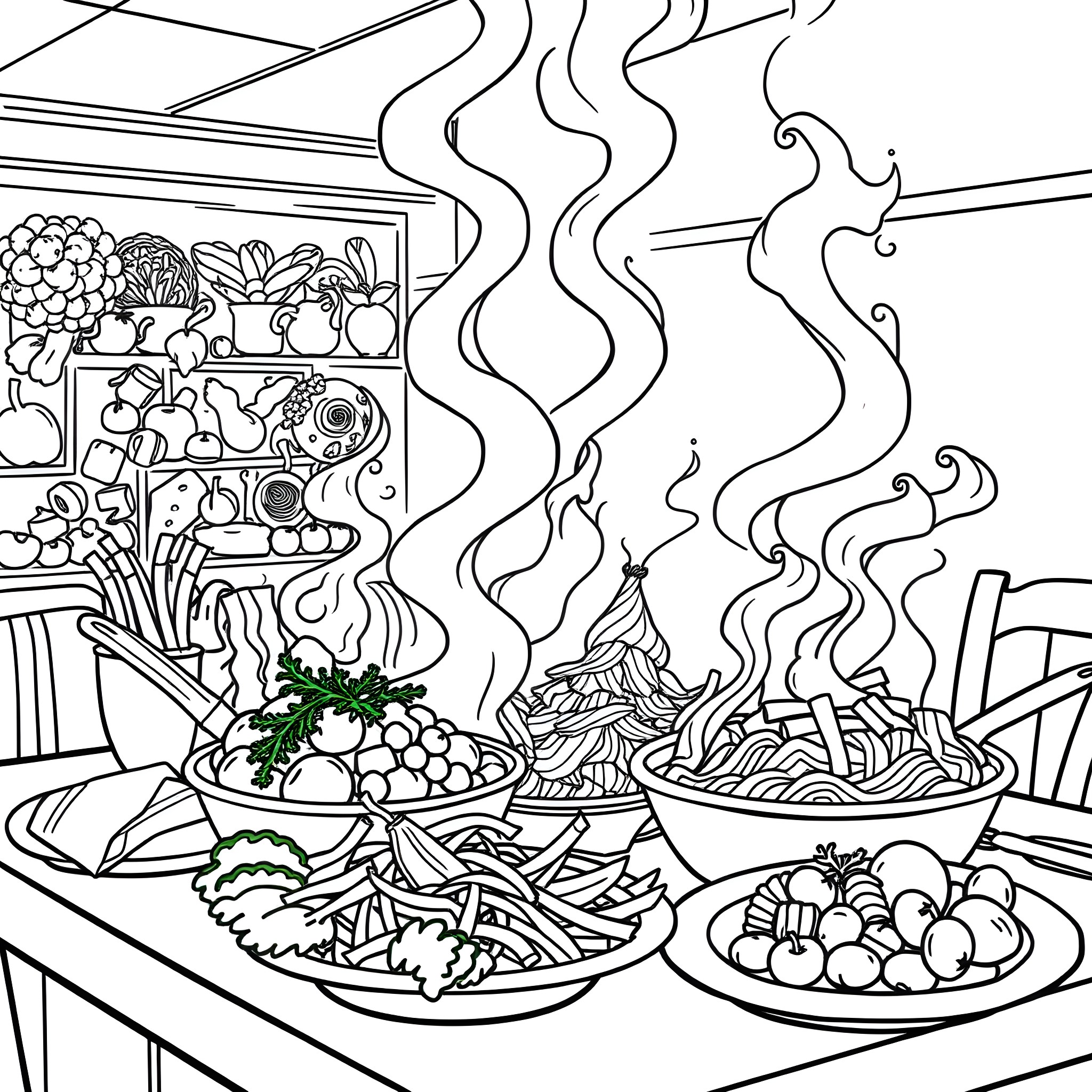 Food Cooking and Preparation in the Kitchen Coloring Page (free black-and-white line drawing printable PDF for all, from beginners to advanced learners, including children, teens, adults, and seniors)