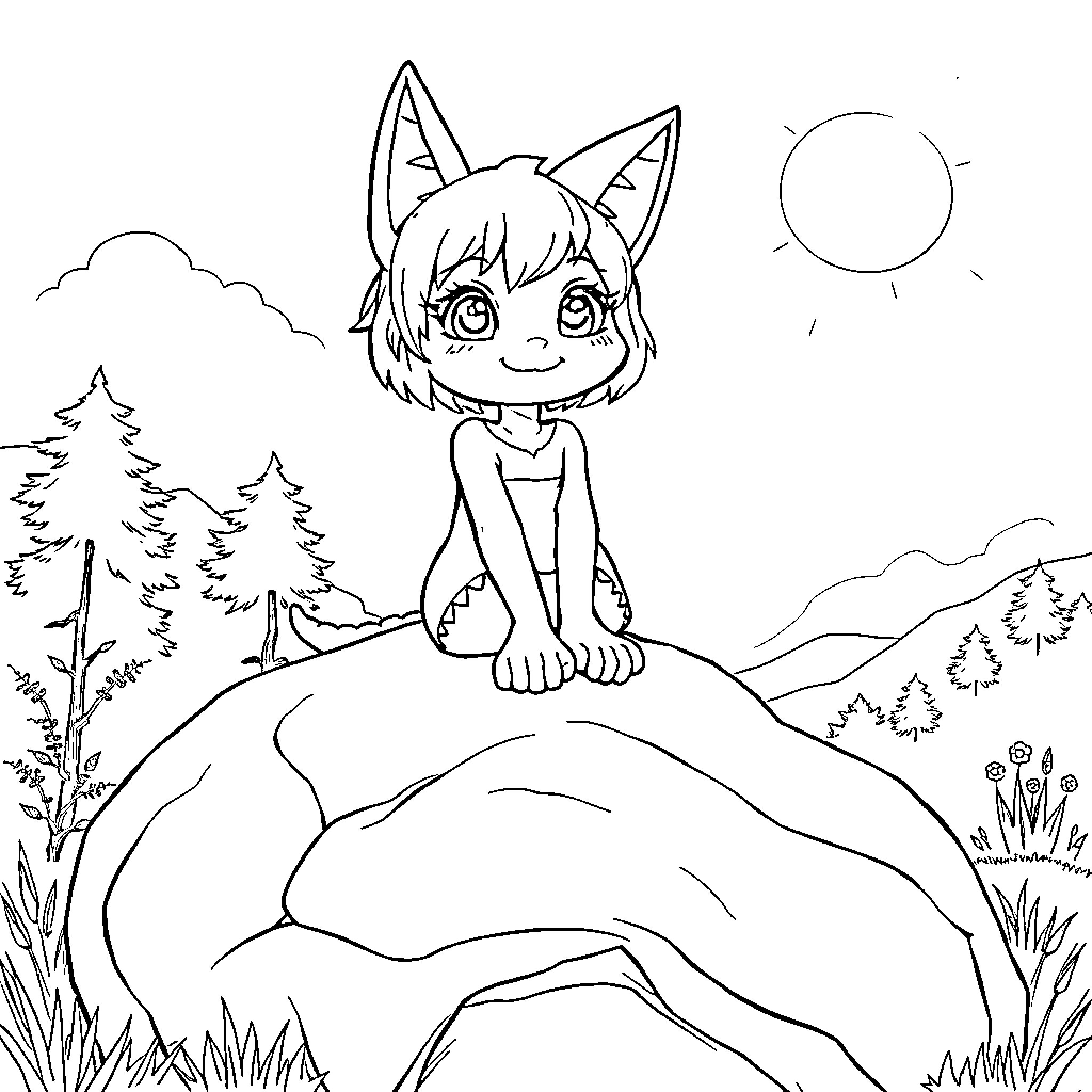 Wolf-like Creature Relaxing in Nature Coloring Page (free black-and-white line drawing printable PDF for all, from beginners to advanced learners, including children, teens, adults, and seniors)