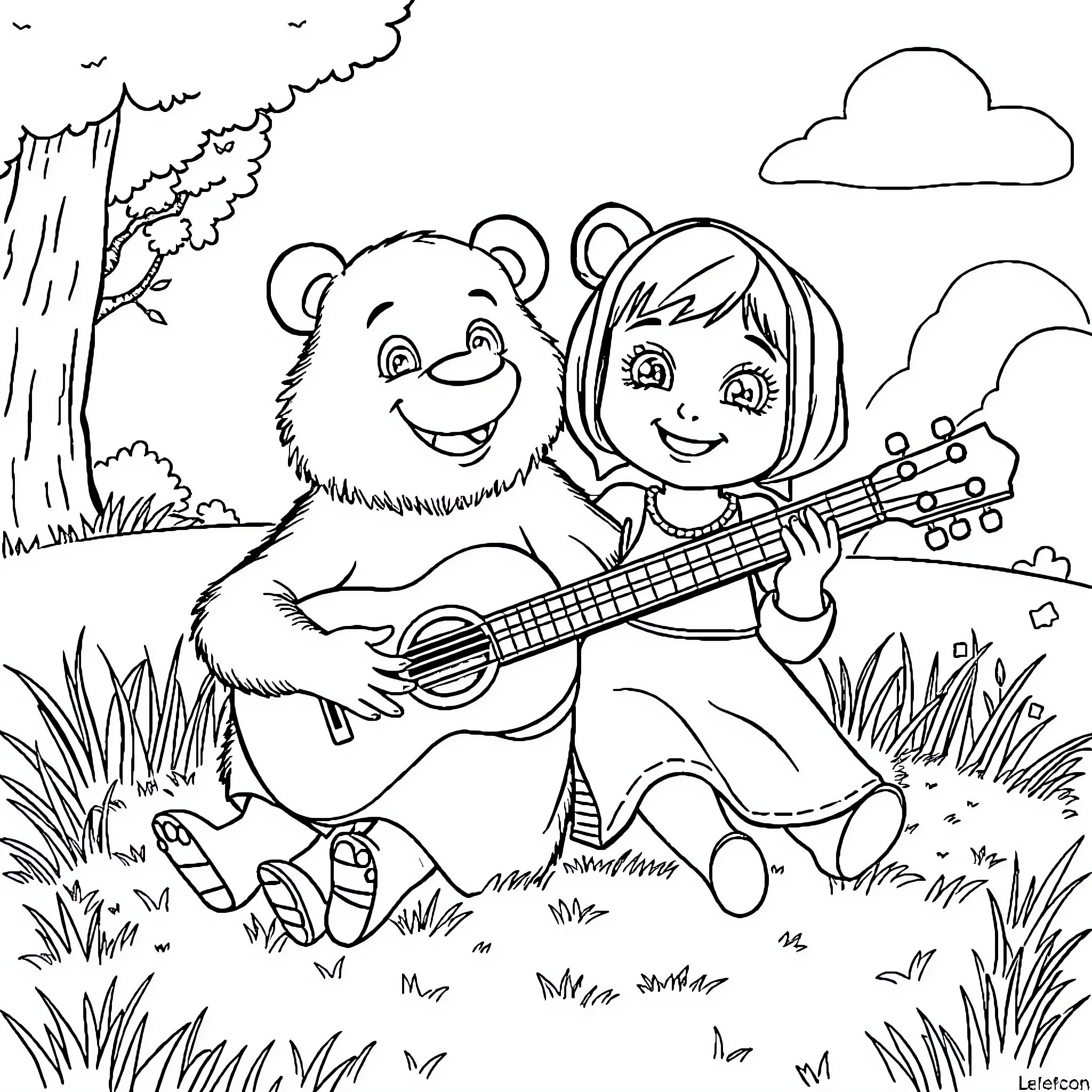 Masha playing with her bear friend in the forest Coloring Page (free black-and-white line drawing printable PDF for all, from beginners to advanced learners, including children, teens, adults, and seniors)