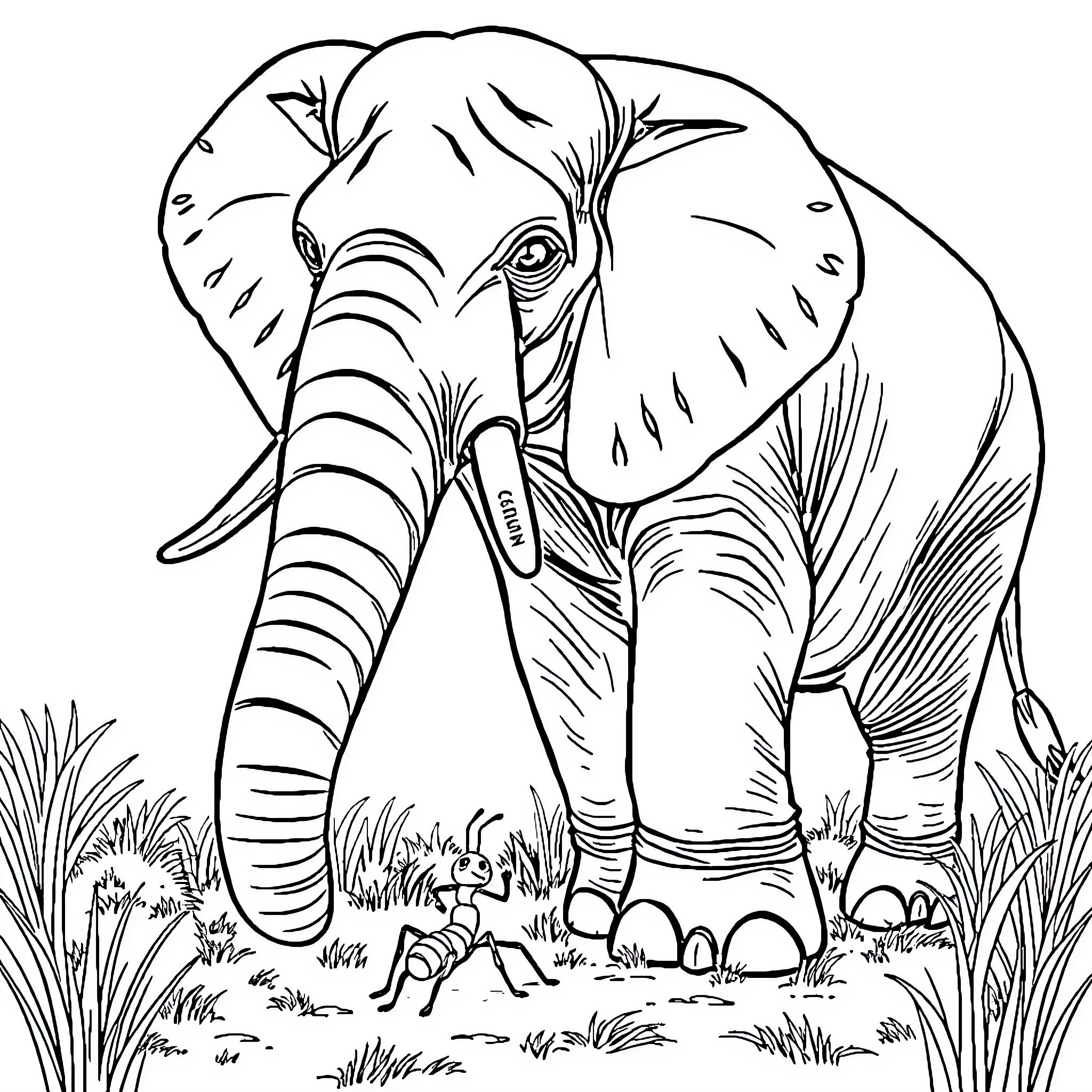 Ant Encounter with Majestic Elephant in the Wild Coloring Page (free black-and-white line drawing printable PDF for all, from beginners to advanced learners, including children, teens, adults, and seniors)