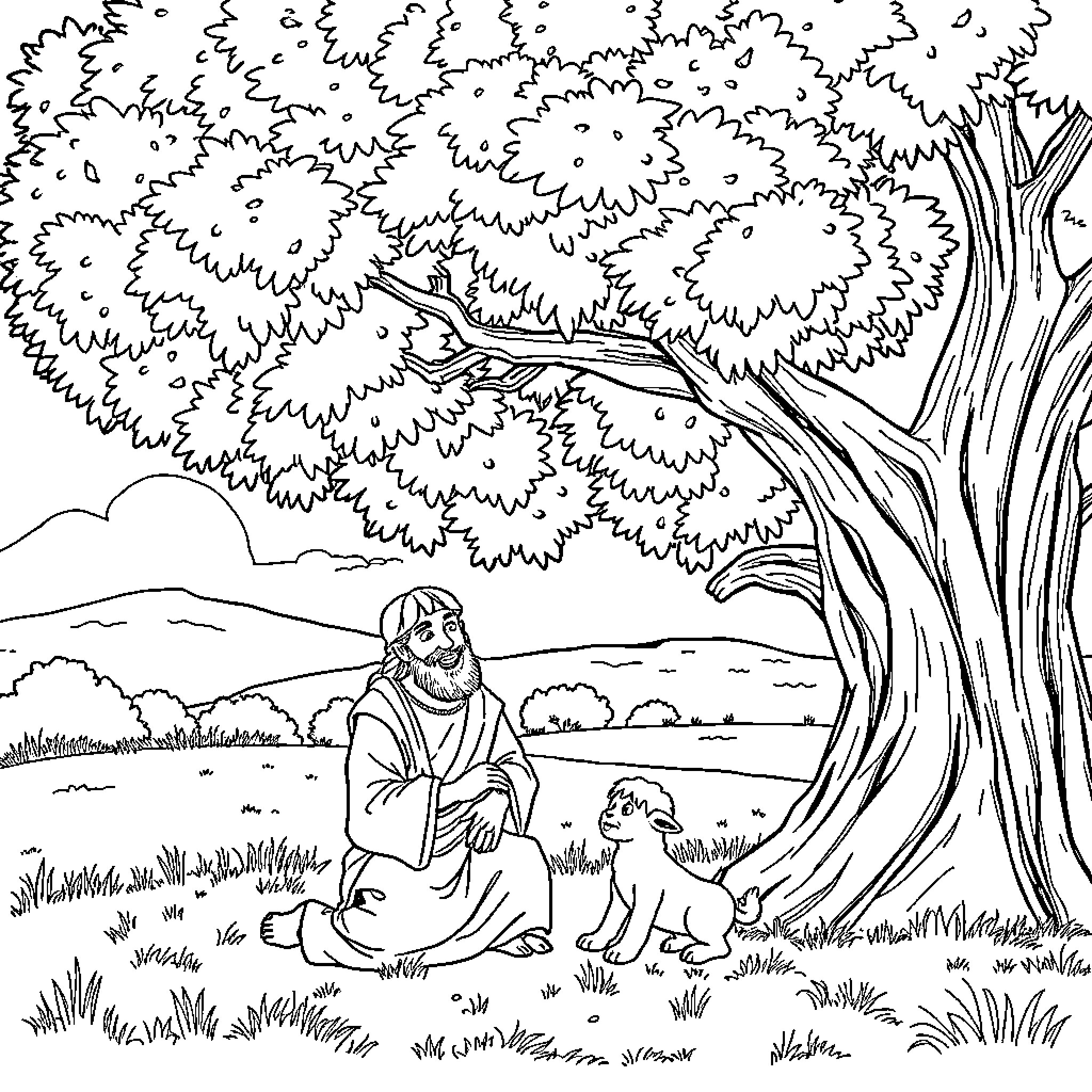 Abraham resting peacefully under the tree with his companion Coloring Page (free black-and-white line drawing printable PDF for all, from beginners to advanced learners, including children, teens, adults, and seniors)