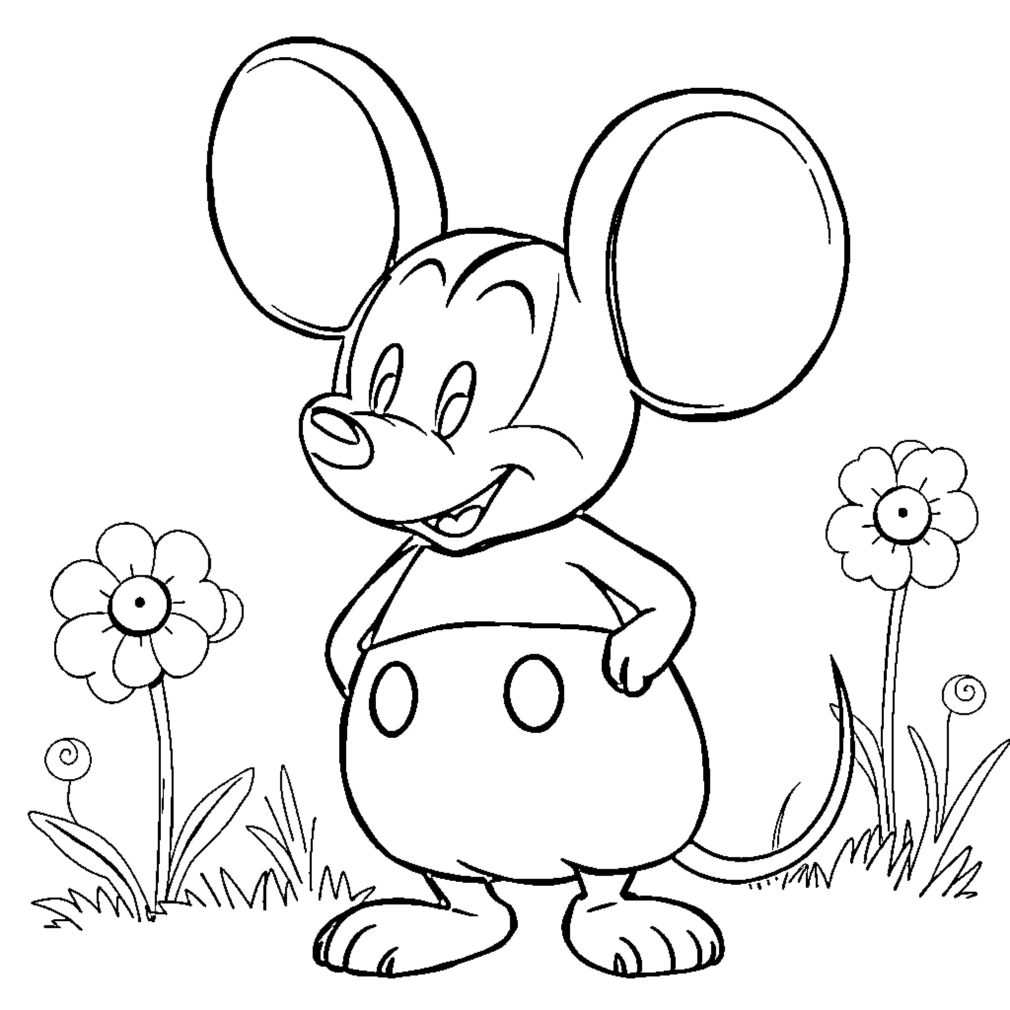Mouse happily exploring a floral garden Coloring Page (free black-and-white line drawing printable PDF for all, from beginners to advanced learners, including children, teens, adults, and seniors)