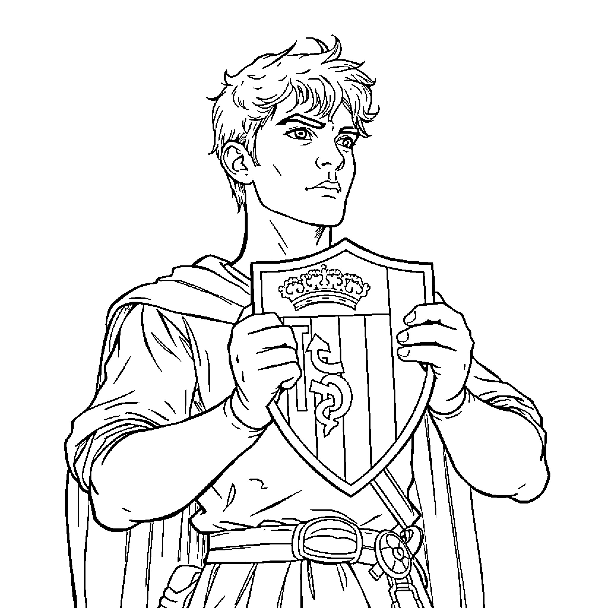 Alejandro's Heroic Stance with Shield Coloring Page (free black-and-white line drawing printable PDF for all, from beginners to advanced learners, including children, teens, adults, and seniors)