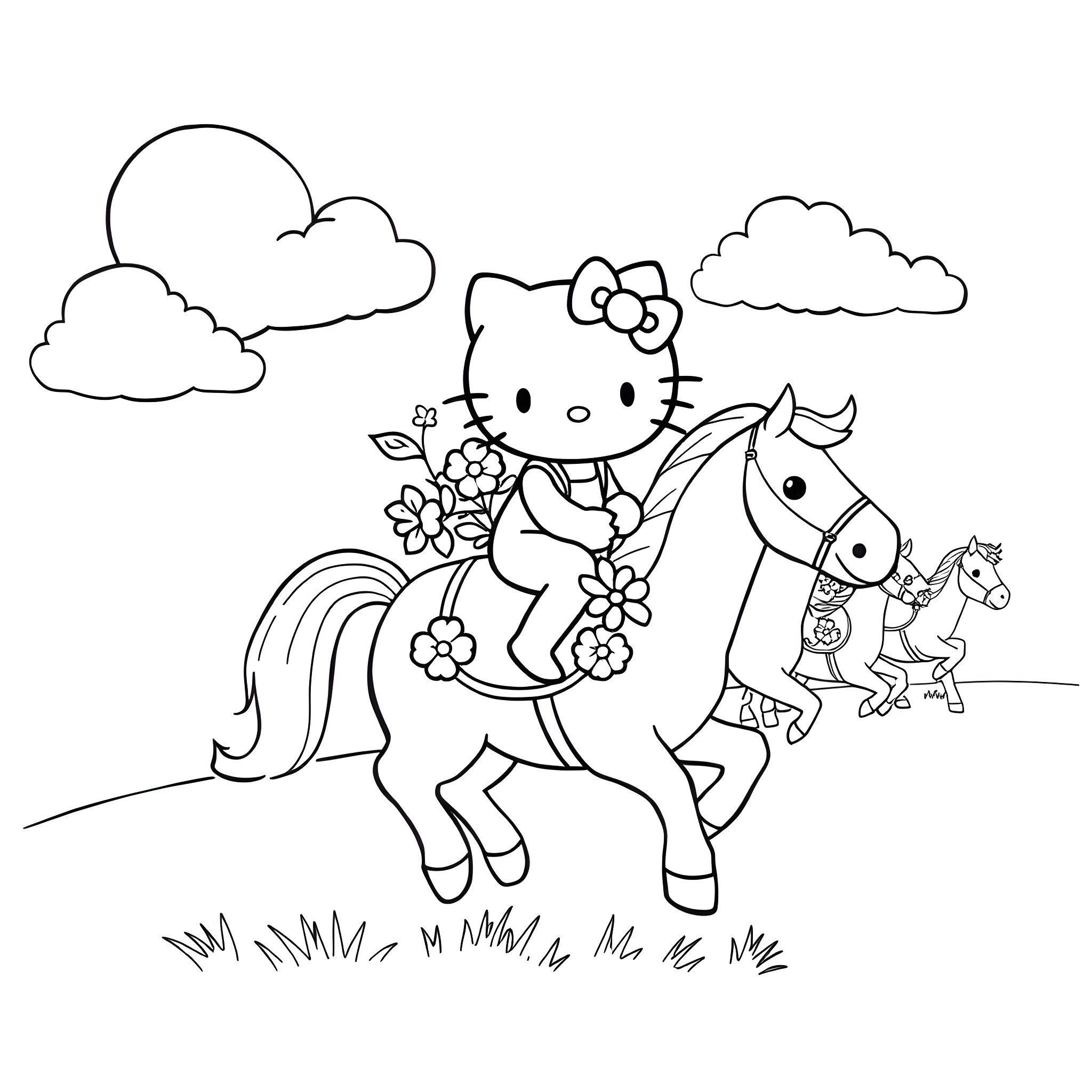 Hello Kitty riding a magical horse in a whimsical meadow Coloring Page (free black-and-white line drawing printable PDF for all, from beginners to advanced learners, including children, teens, adults, and seniors)