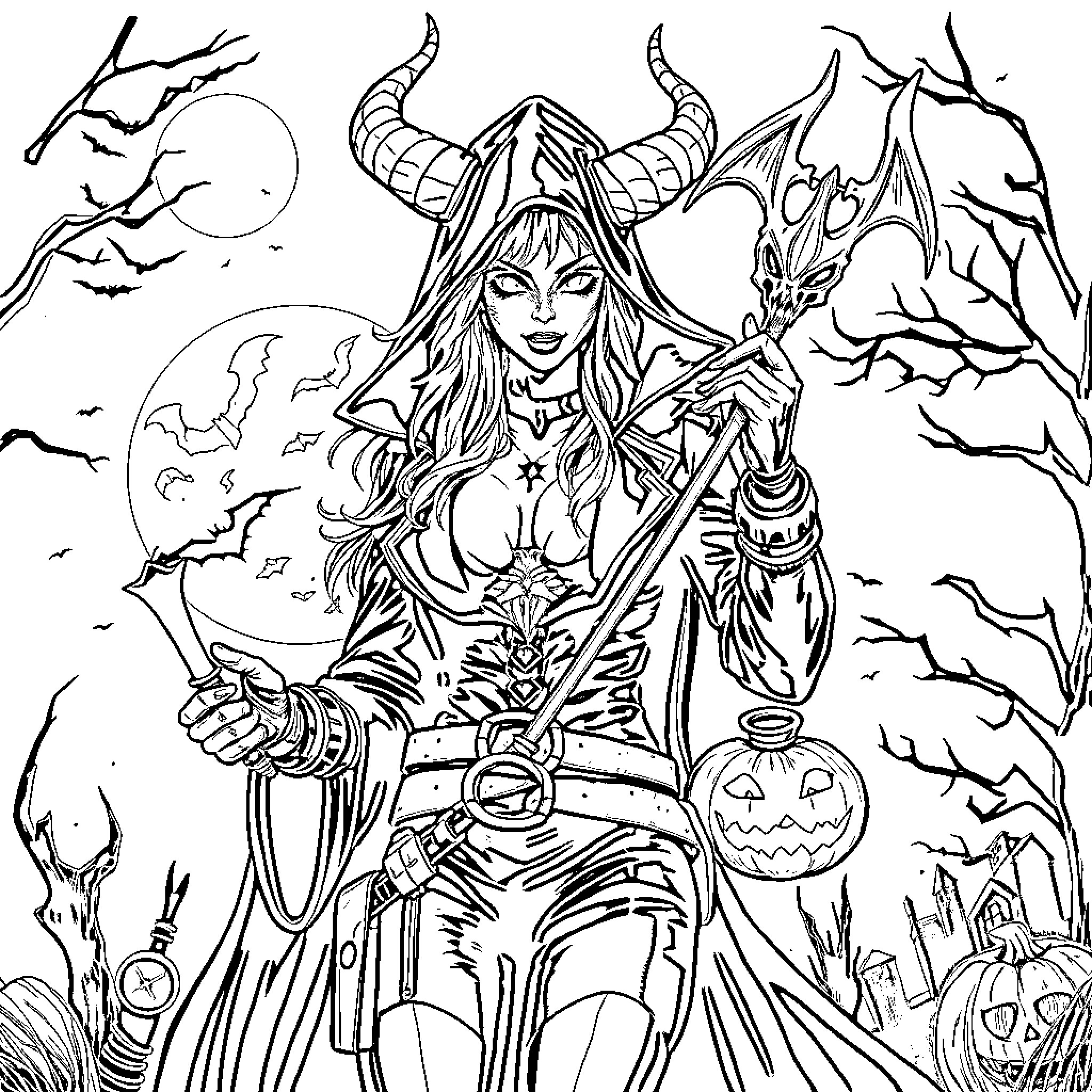 Demon Hunter Battling Evil in the Moonlit Wilderness Coloring Page (free black-and-white line drawing printable PDF for all, from beginners to advanced learners, including children, teens, adults, and seniors)