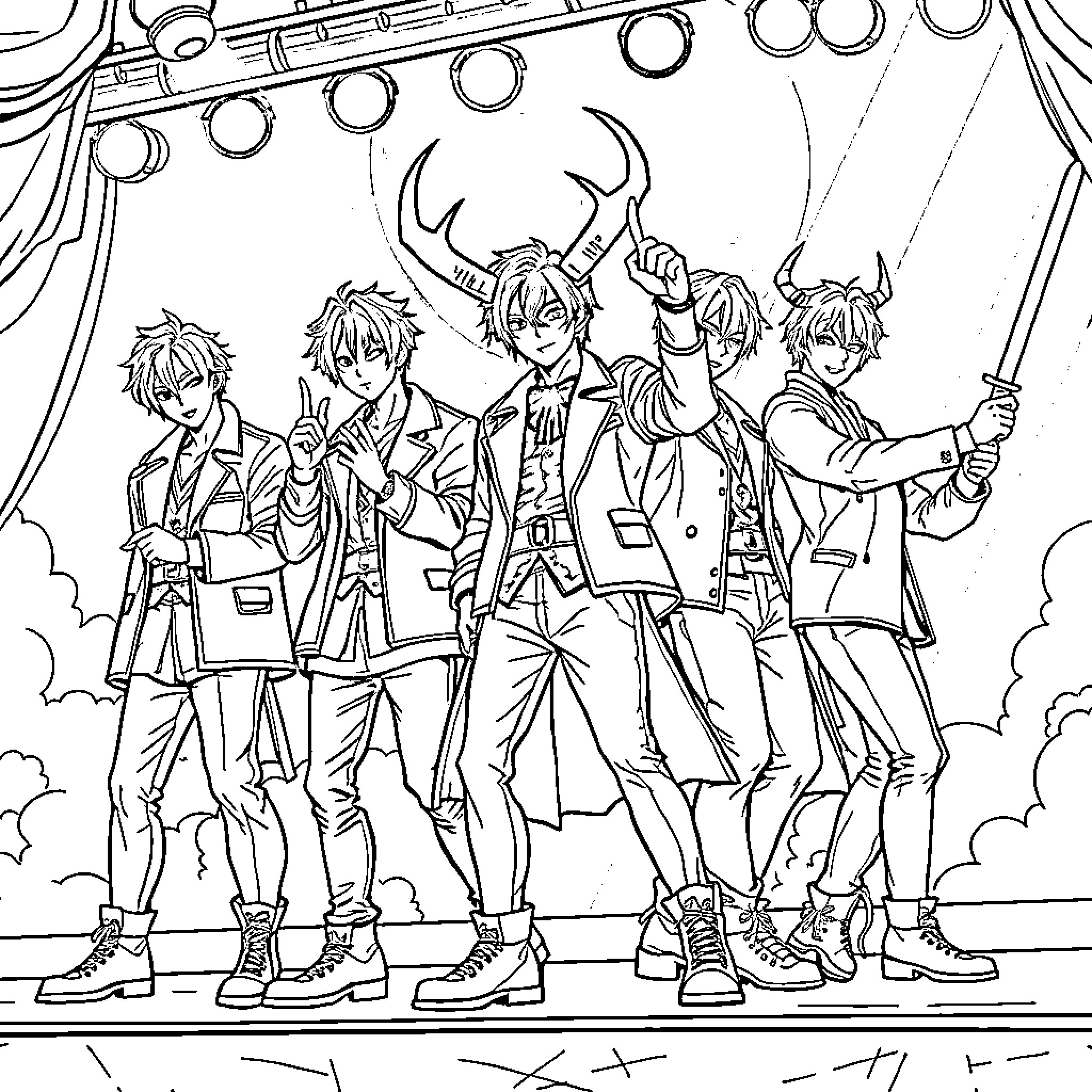 Saja Boy Celebrates with Friends on Stage Coloring Page (free black-and-white line drawing printable PDF for all, from beginners to advanced learners, including children, teens, adults, and seniors)
