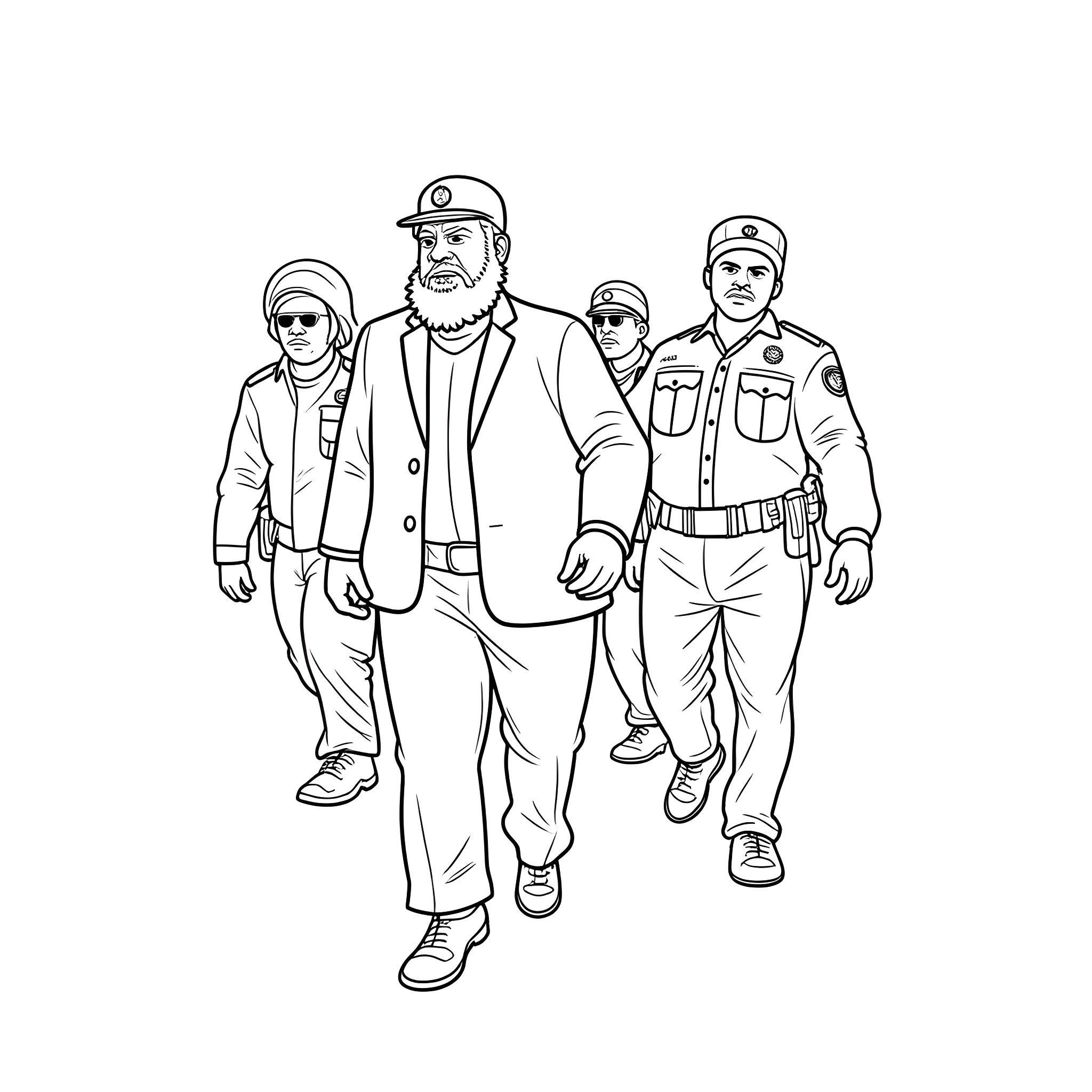 Man in uniform leading group of security personnel Coloring Page (free black-and-white line drawing printable PDF for all, from beginners to advanced learners, including children, teens, adults, and seniors)