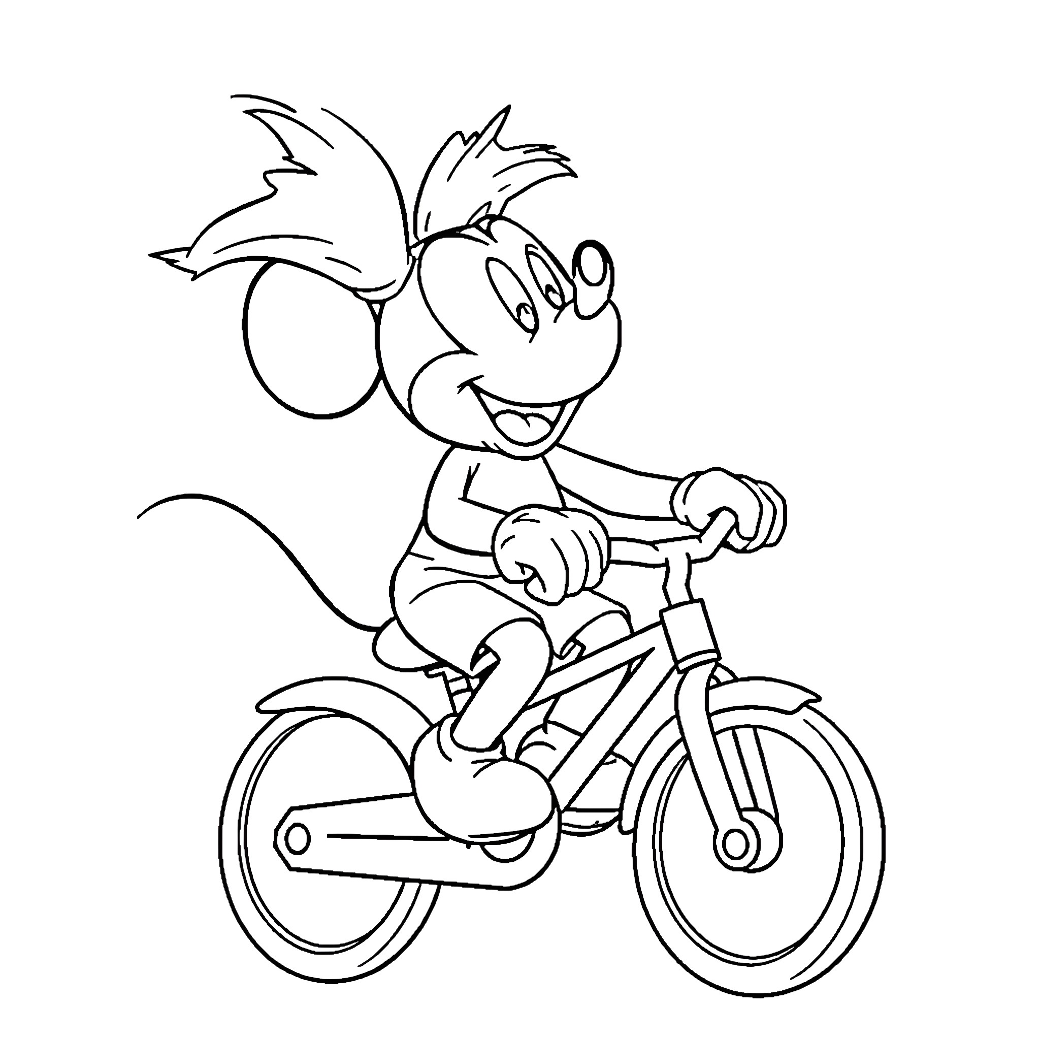 Mickey Mouse riding a bicycle happily Coloring Page (free black-and-white line drawing printable PDF for all, from beginners to advanced learners, including children, teens, adults, and seniors)