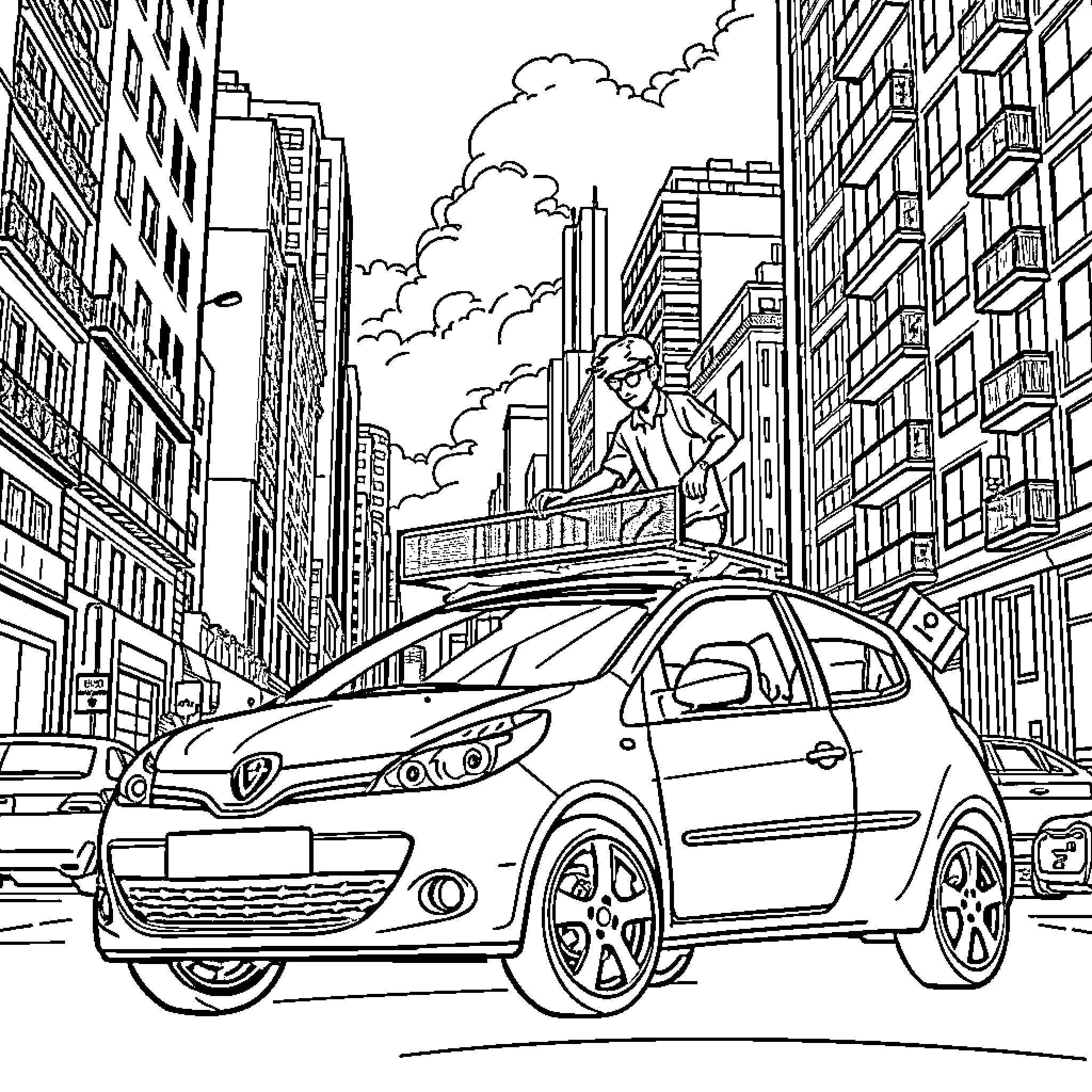 Student commutes in the bustling city Coloring Page (free black-and-white line drawing printable PDF for all, from beginners to advanced learners, including children, teens, adults, and seniors)