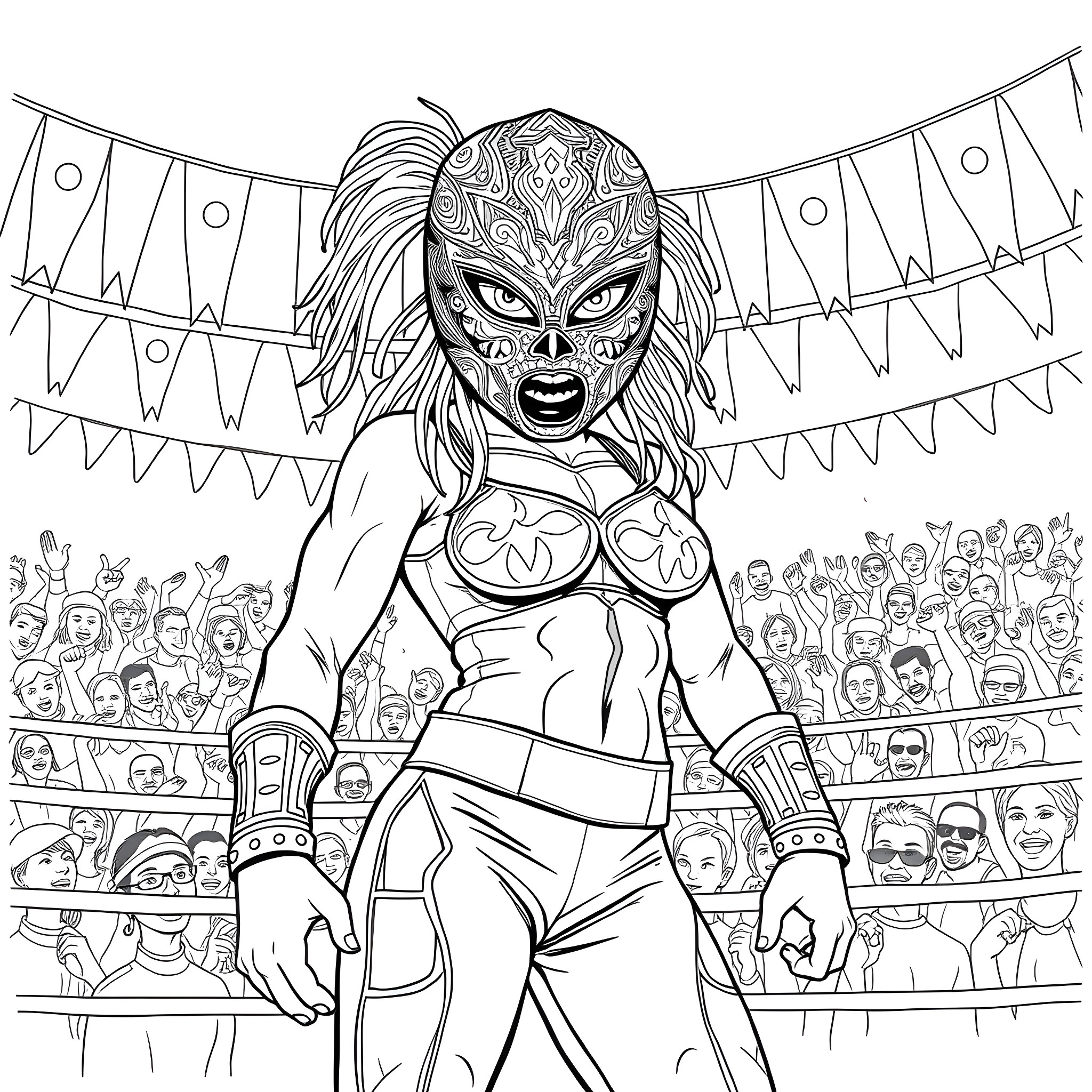 Luchador wrestler in action on stage Coloring Page (free black-and-white line drawing printable PDF for all, from beginners to advanced learners, including children, teens, adults, and seniors)