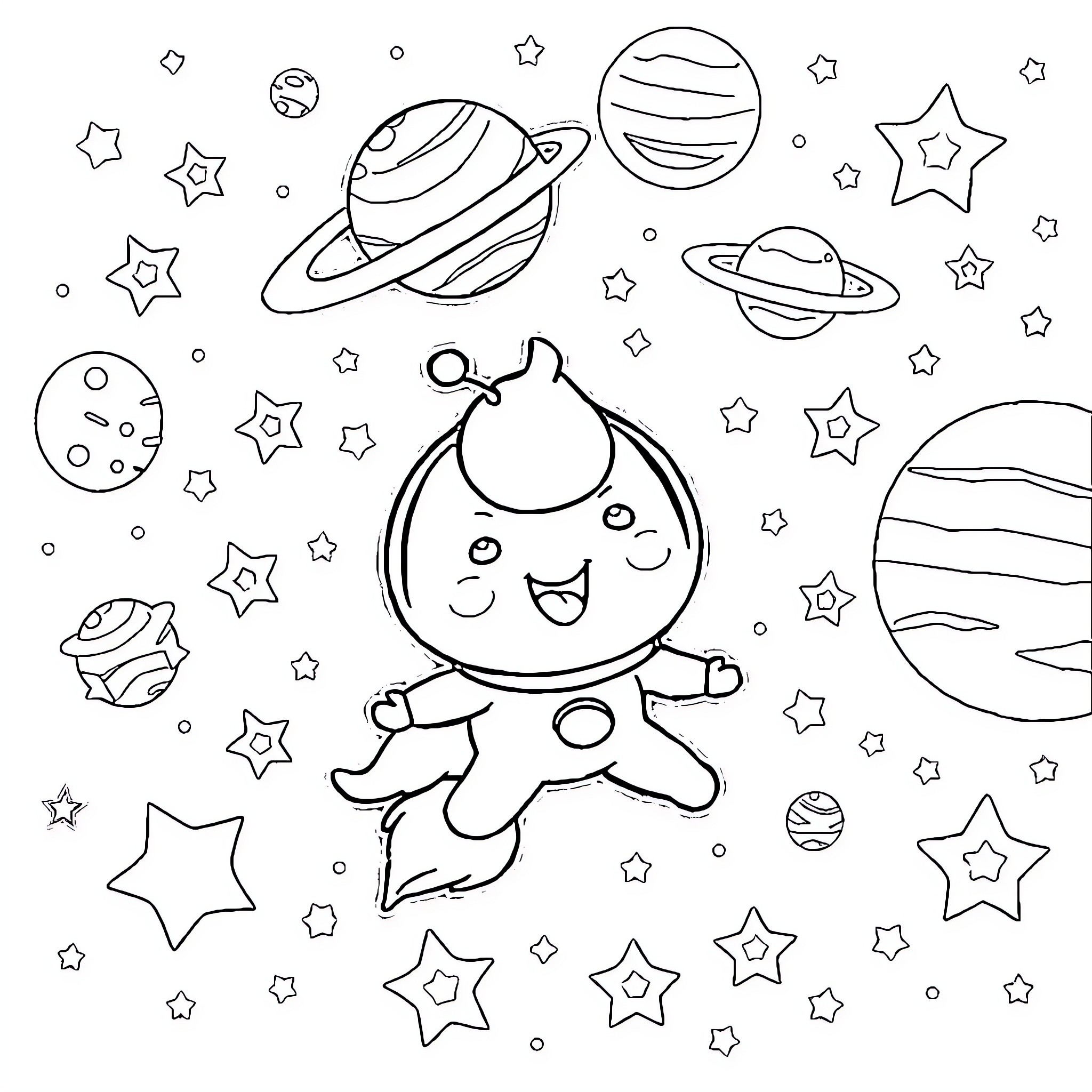 Sprunki enjoying cosmic adventures with planets and stars Coloring Page (free black-and-white line drawing printable PDF for all, from beginners to advanced learners, including children, teens, adults, and seniors)