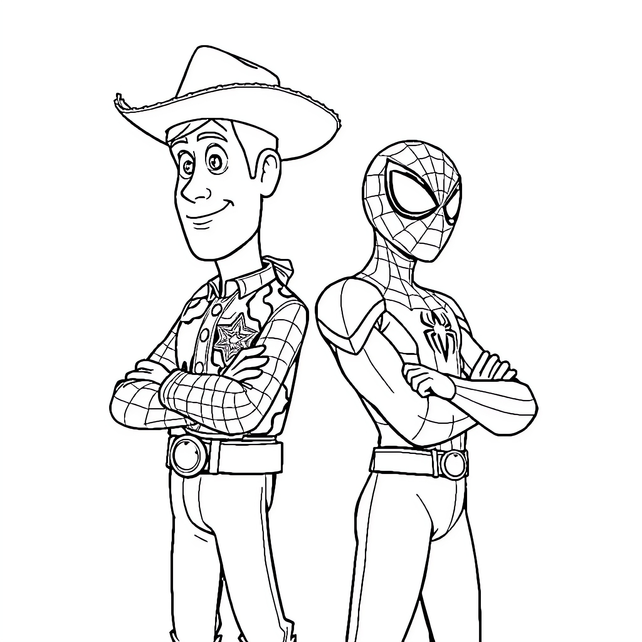 Woody and Spiderman together in an adventure Coloring Page (free black-and-white line drawing printable PDF for all, from beginners to advanced learners, including children, teens, adults, and seniors)