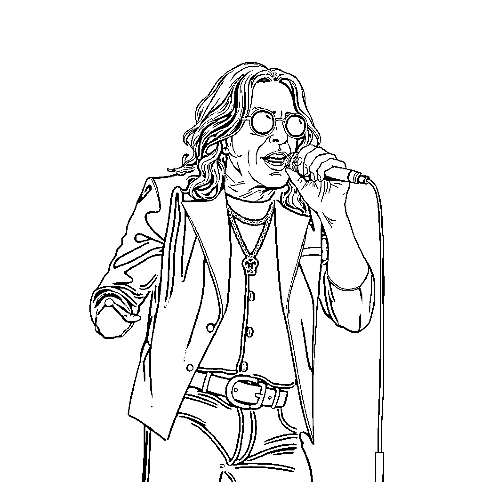 Ozzy Osbourne performing on stage with microphone Coloring Page (free black-and-white line drawing printable PDF for all, from beginners to advanced learners, including children, teens, adults, and seniors)