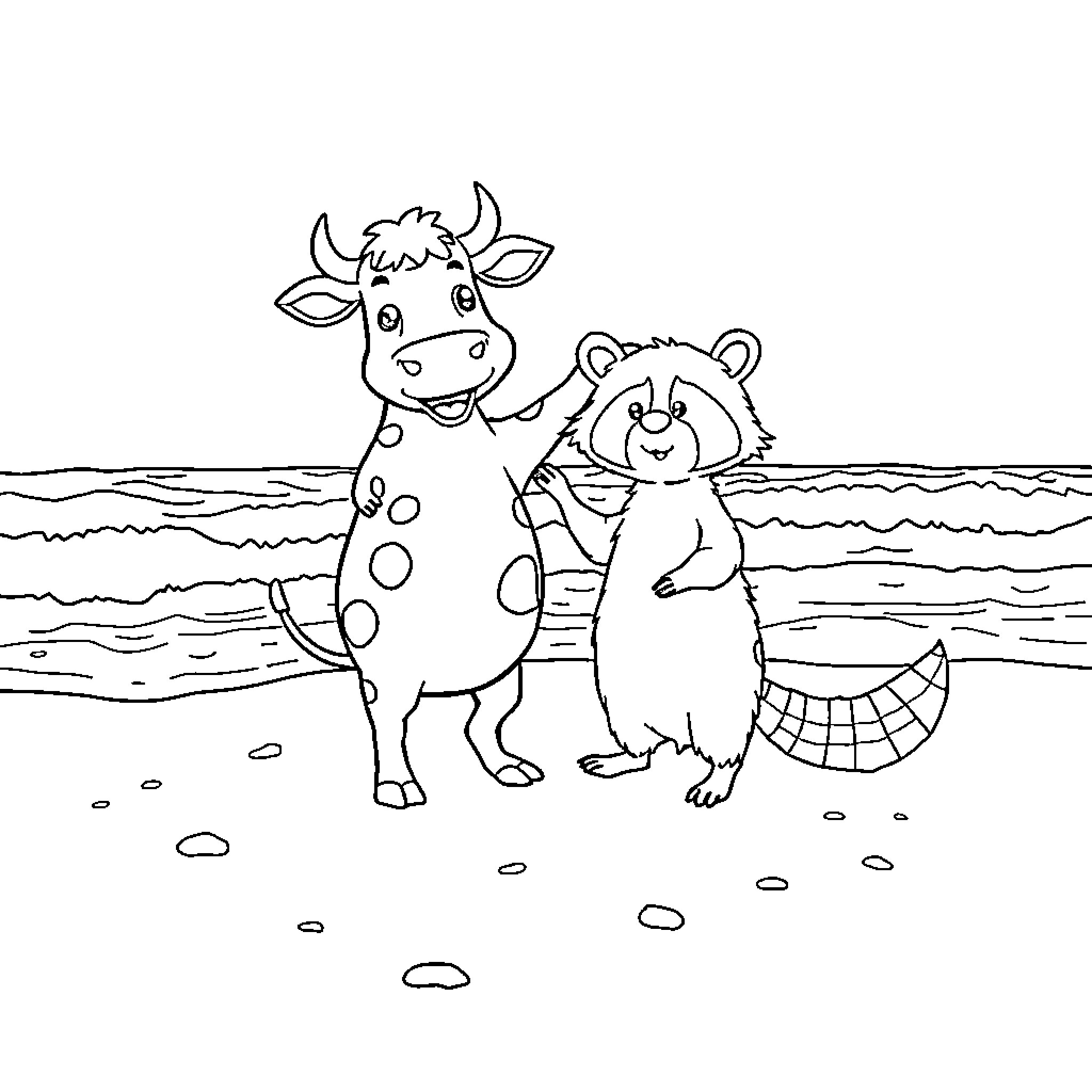 Cow and bear playing on the beach Coloring Page (free black-and-white line drawing printable PDF for all, from beginners to advanced learners, including children, teens, adults, and seniors)