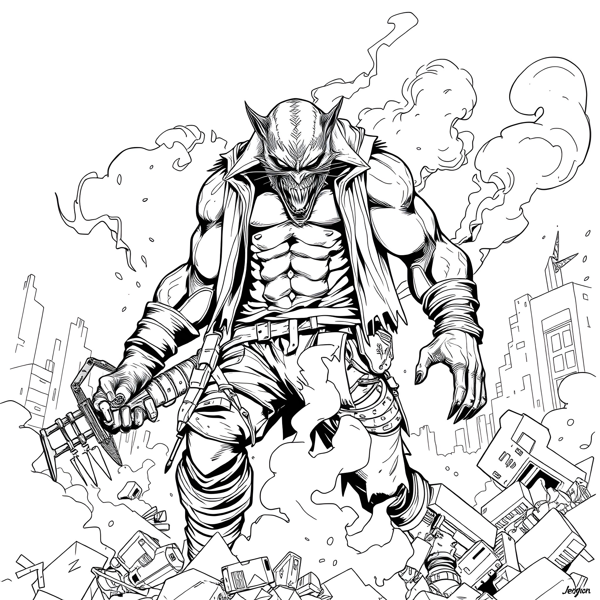 Nemesis Decimates the City with Ferocity Coloring Page (free black-and-white line drawing printable PDF for all, from beginners to advanced learners, including children, teens, adults, and seniors)