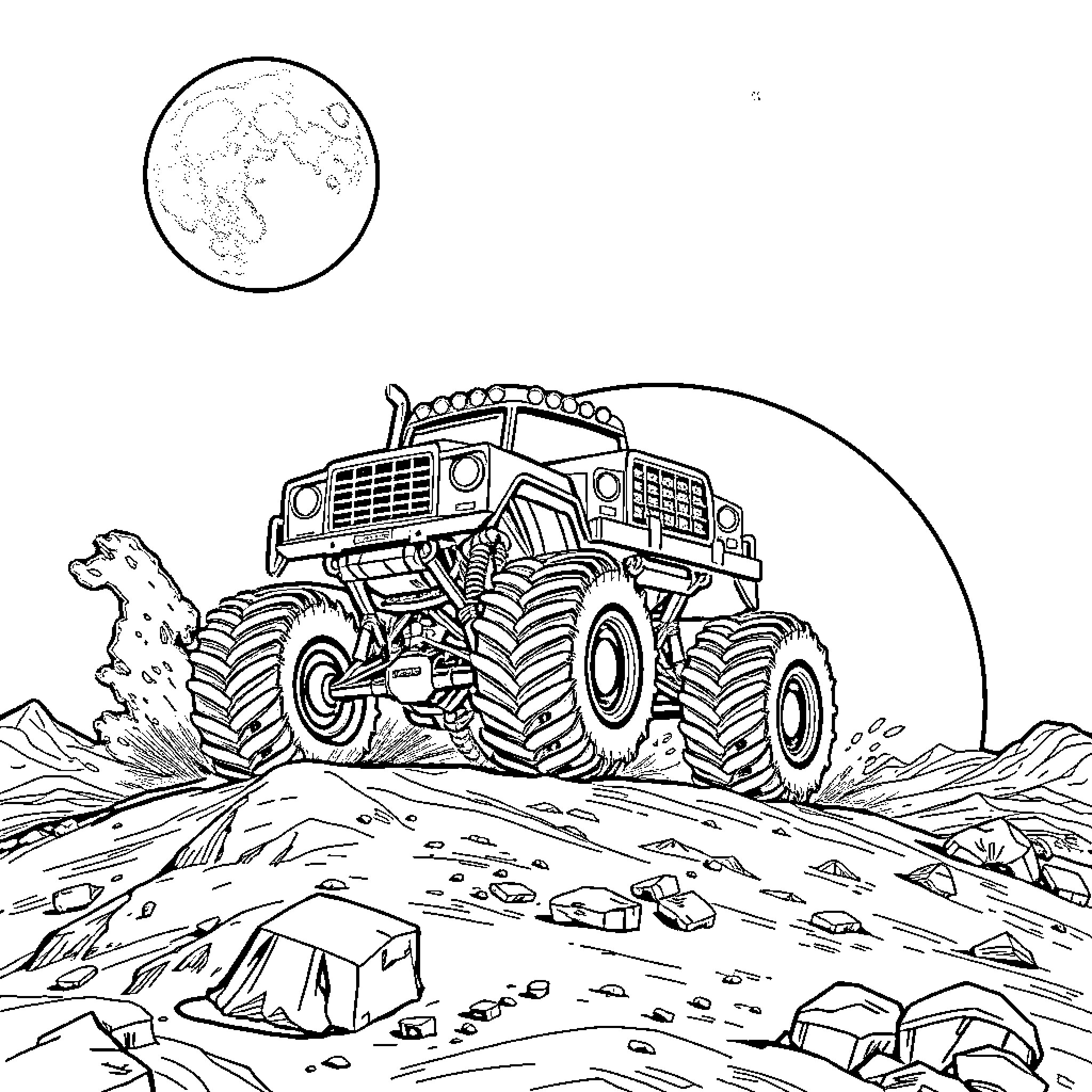 Monster Truck Conquering Rugged Terrain Under Starry Sky Coloring Page (free black-and-white line drawing printable PDF for all, from beginners to advanced learners, including children, teens, adults, and seniors)