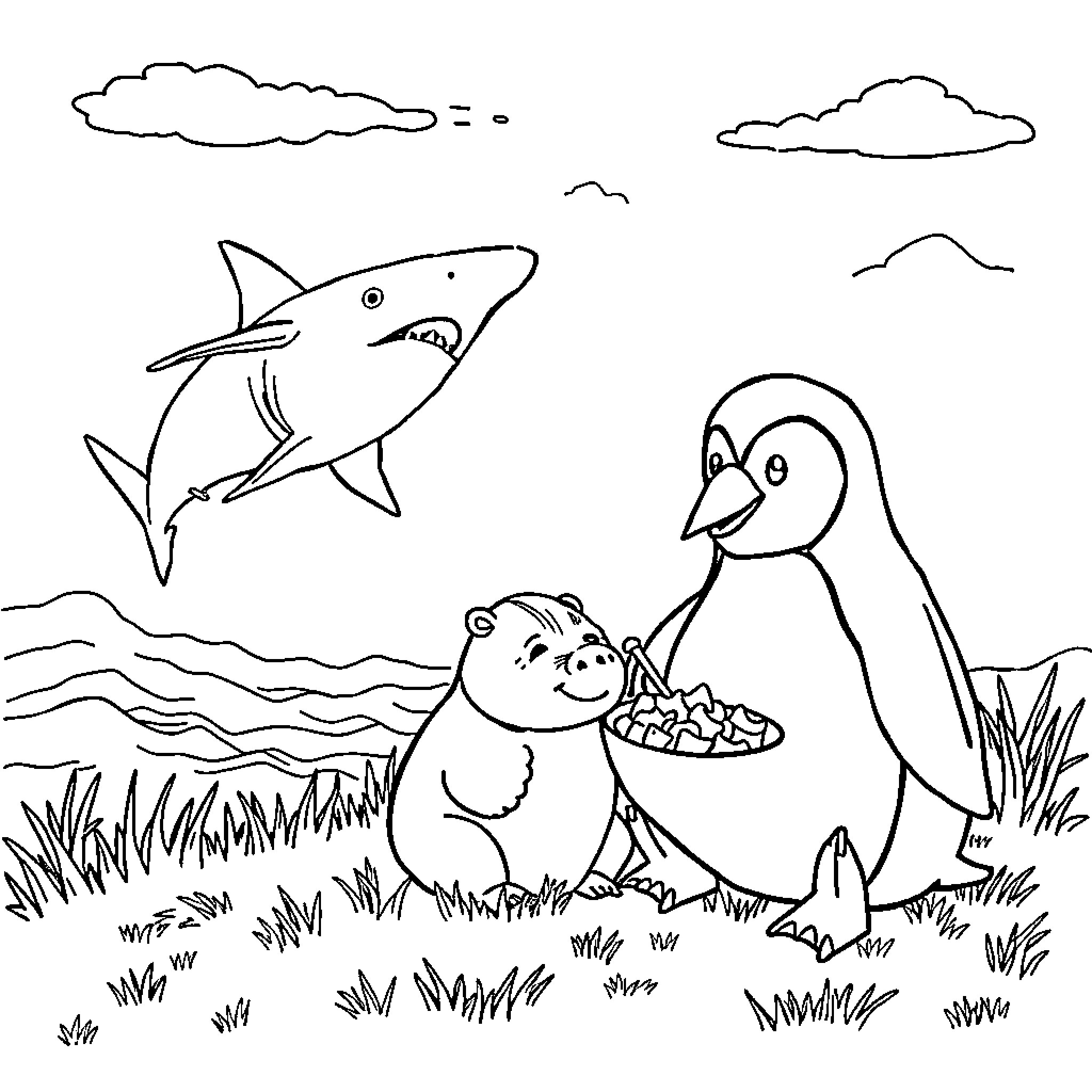 Shark and Penguin Sharing a Picnic Coloring Page (free black-and-white line drawing printable PDF for all, from beginners to advanced learners, including children, teens, adults, and seniors)