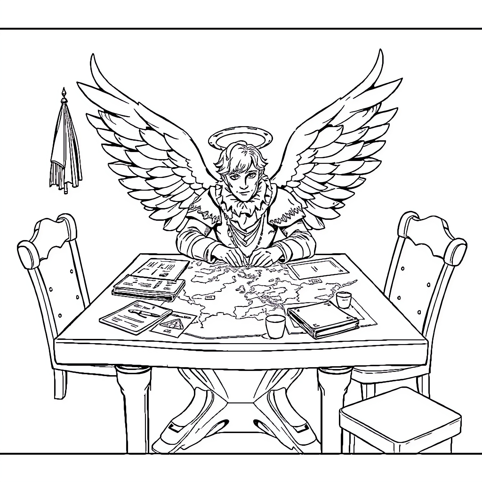 Angel Studying Maps and Documents at Desk Coloring Page (free black-and-white line drawing printable PDF for all, from beginners to advanced learners, including children, teens, adults, and seniors)