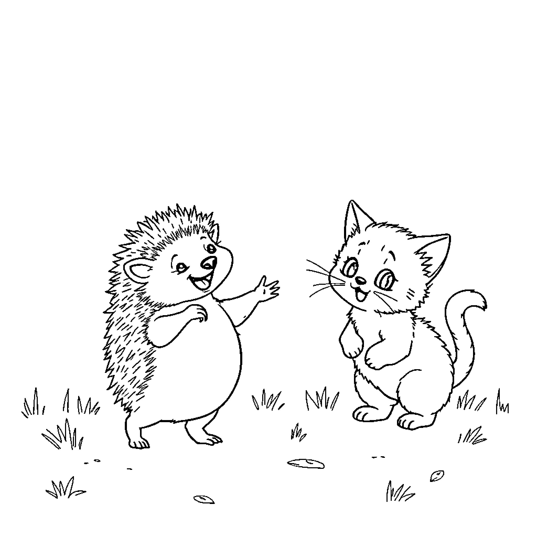 Hedgehog and Kitten Playing Together Coloring Page (free black-and-white line drawing printable PDF for all, from beginners to advanced learners, including children, teens, adults, and seniors)
