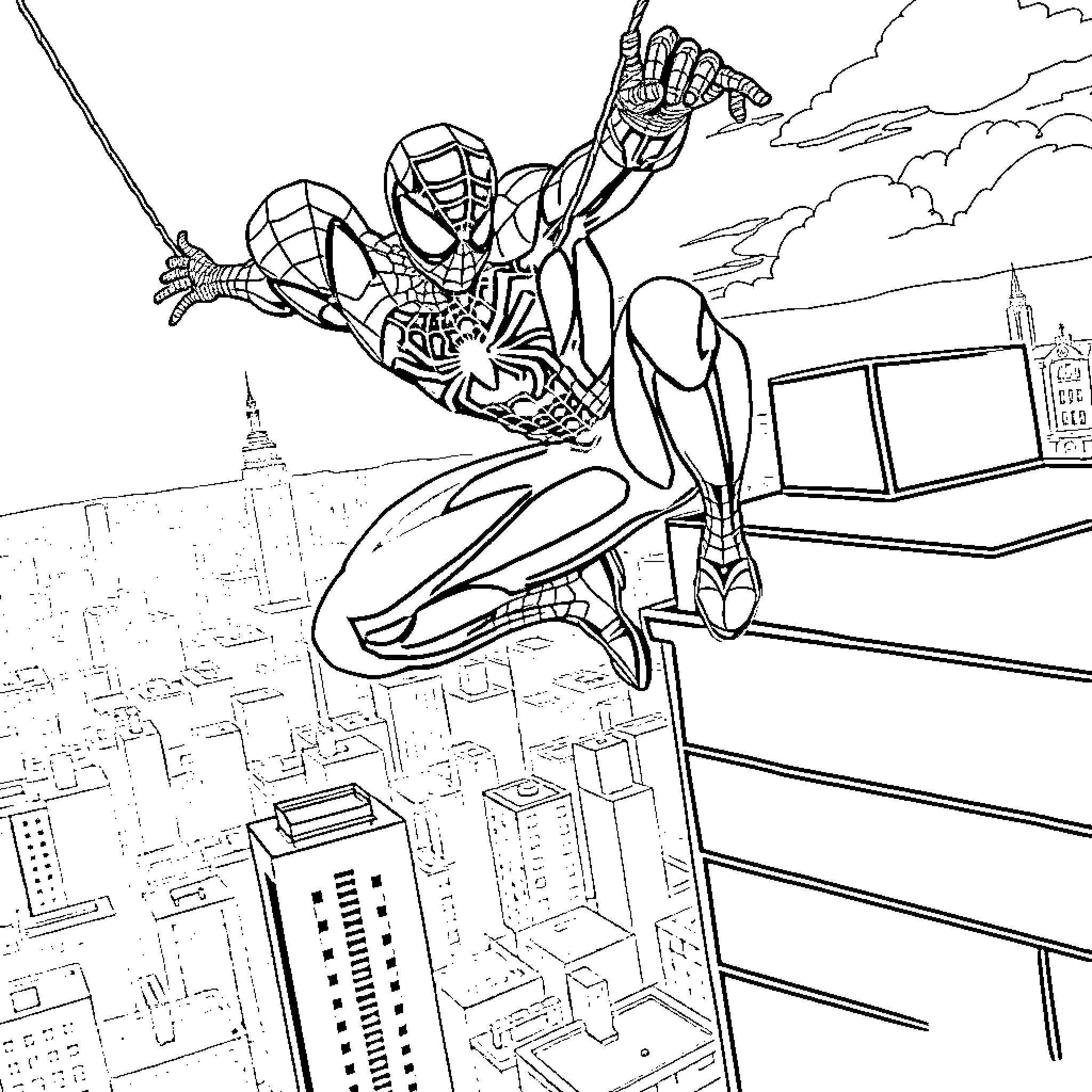 Spiderman swinging through the city skyline Coloring Page (free black-and-white line drawing printable PDF for all, from beginners to advanced learners, including children, teens, adults, and seniors)