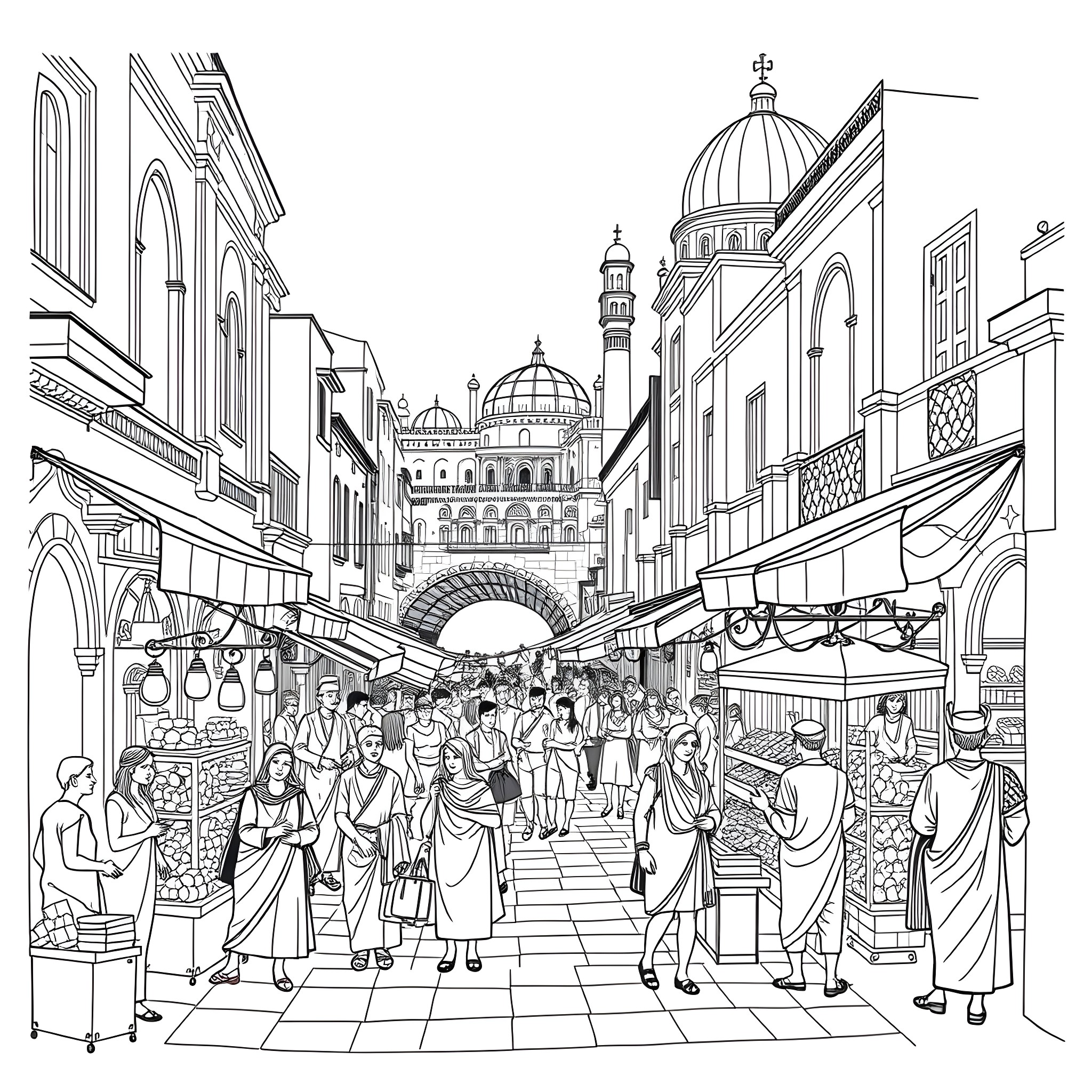 Alexandria - Bustling Market Scene in Ancient City Coloring Page (free black-and-white line drawing printable PDF for all, from beginners to advanced learners, including children, teens, adults, and seniors)