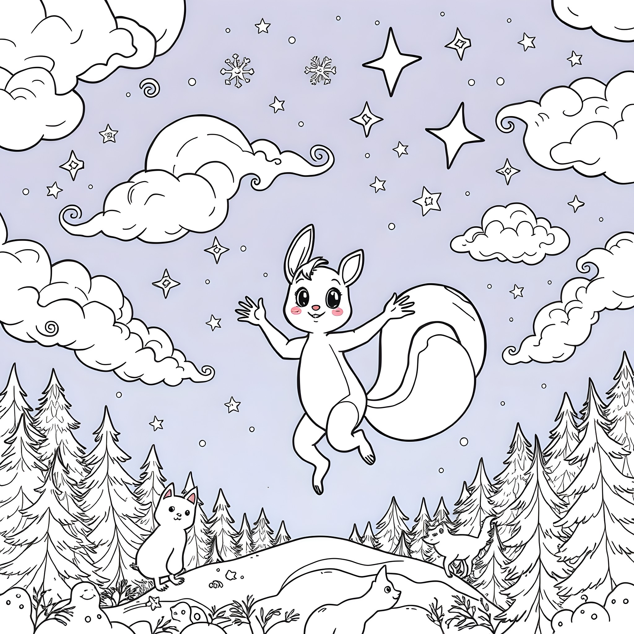 Sprunki playing happily in a winter wonderland Coloring Page (free black-and-white line drawing printable PDF for all, from beginners to advanced learners, including children, teens, adults, and seniors)