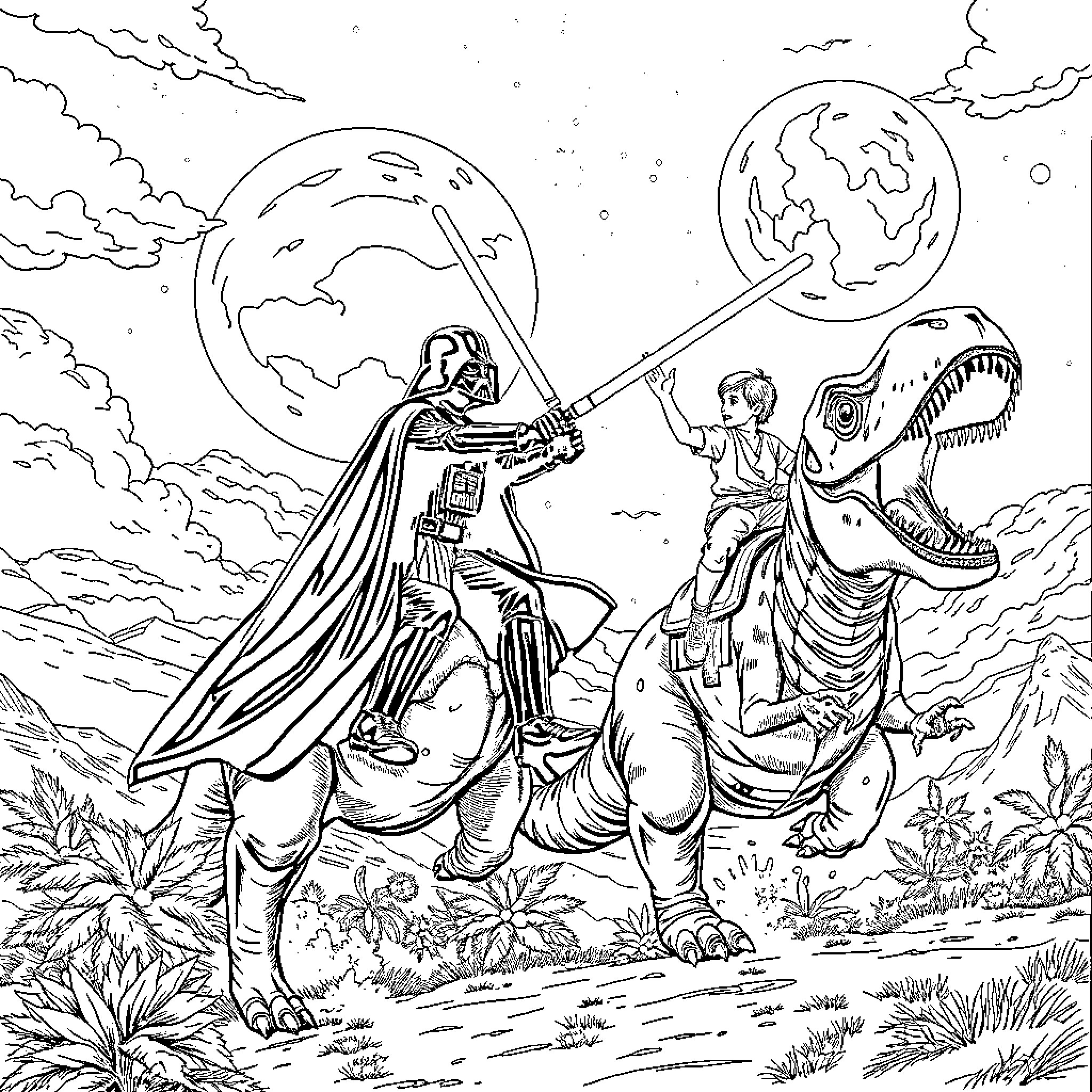 Darth Vader confronting a T-Rex in a surreal landscape Coloring Page (free black-and-white line drawing printable PDF for all, from beginners to advanced learners, including children, teens, adults, and seniors)