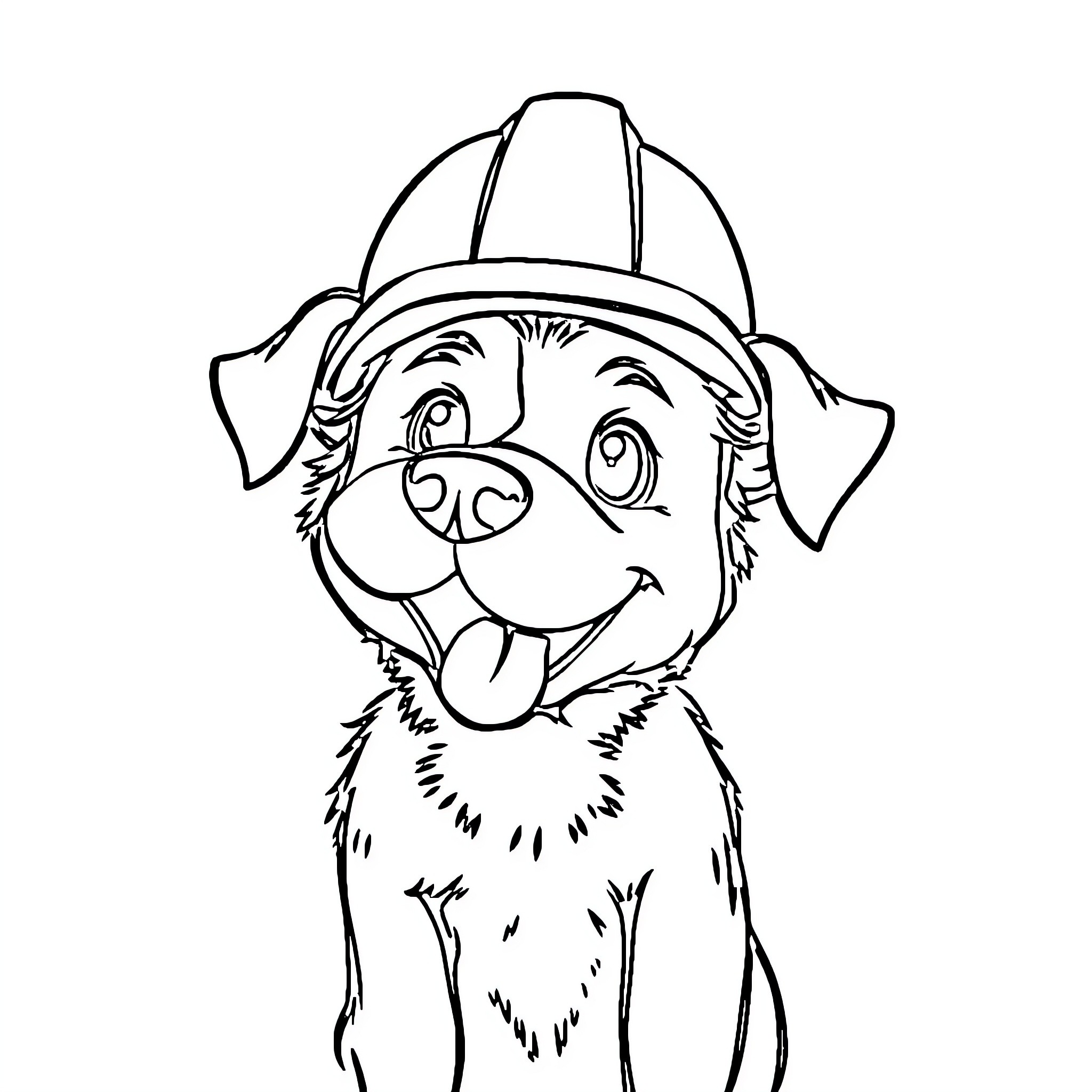 Dog wearing construction helmet and smiling happily Coloring Page (free black-and-white line drawing printable PDF for all, from beginners to advanced learners, including children, teens, adults, and seniors)