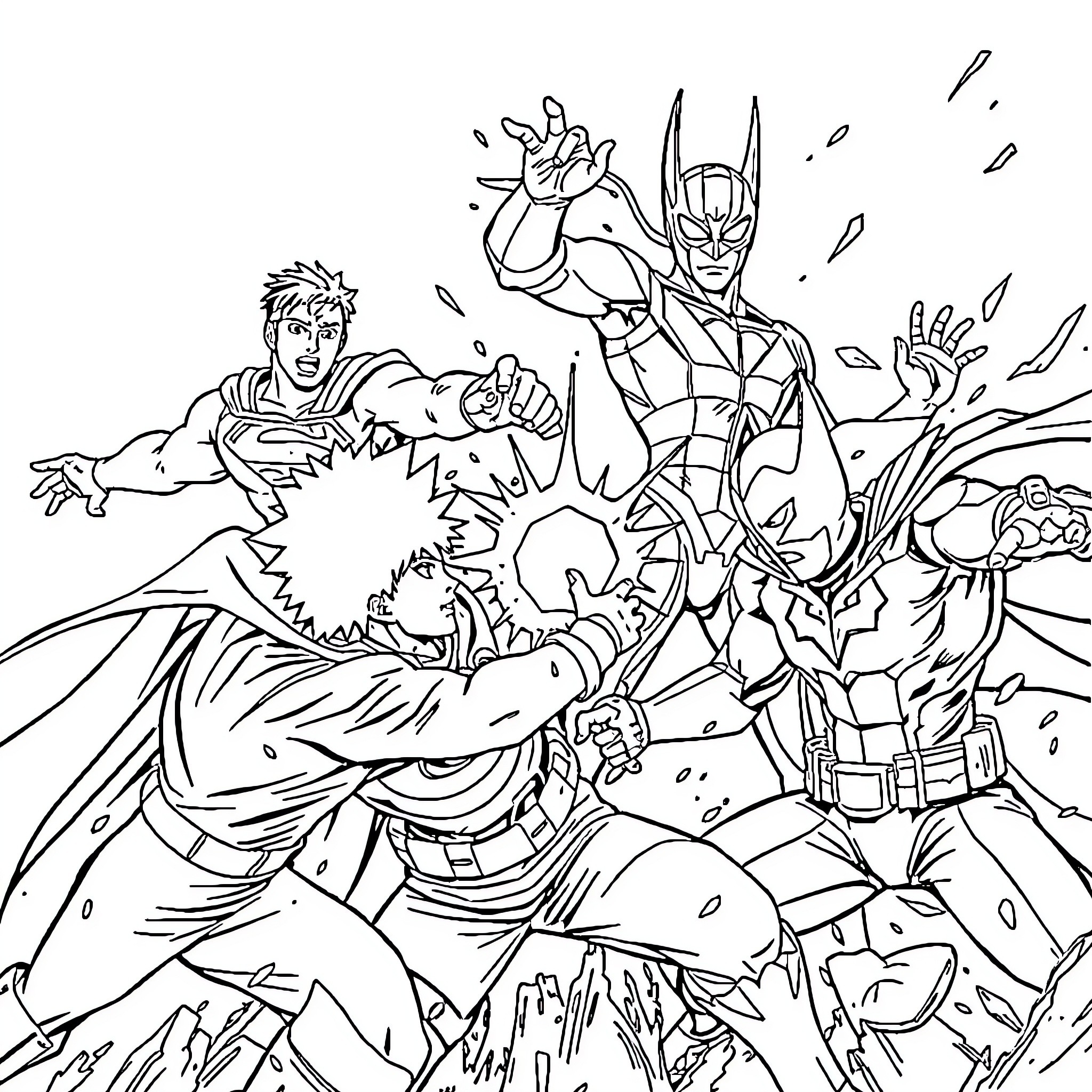 Superhero battle scene with dynamic action and intensity Coloring Page (free black-and-white line drawing printable PDF for all, from beginners to advanced learners, including children, teens, adults, and seniors)