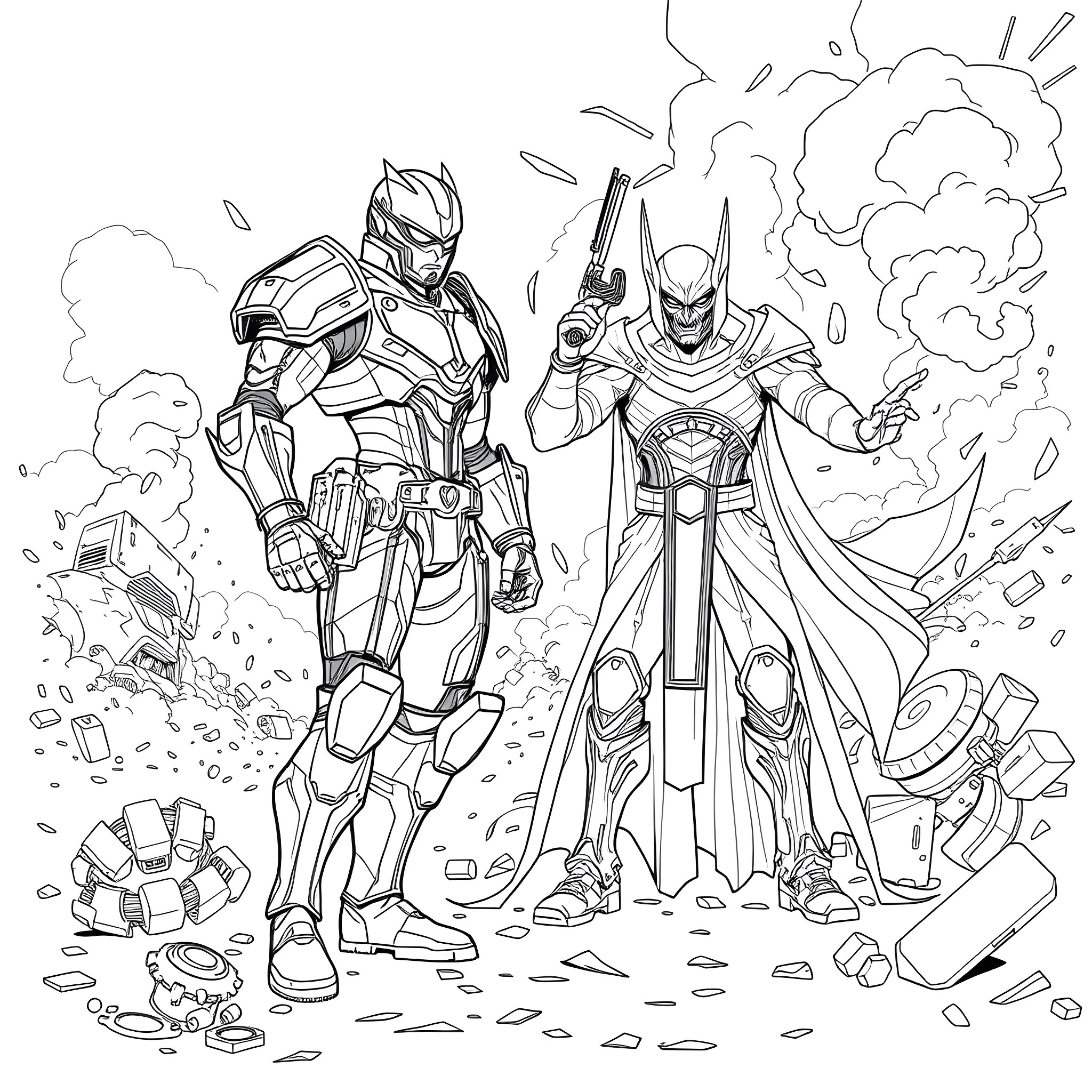 Halo: Heroic Armored Warriors in Conflict Coloring Page (free black-and-white line drawing printable PDF for all, from beginners to advanced learners, including children, teens, adults, and seniors)