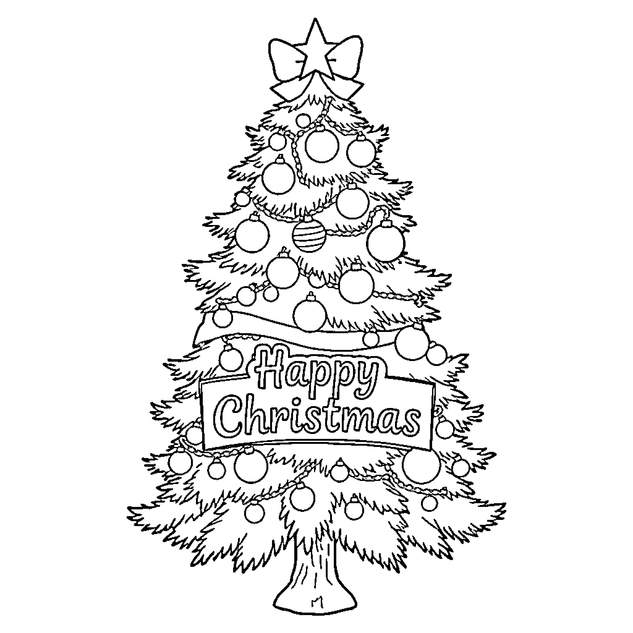 Christmas Tree with Festive Decorations Coloring Page (free black-and-white line drawing printable PDF for all, from beginners to advanced learners, including children, teens, adults, and seniors)