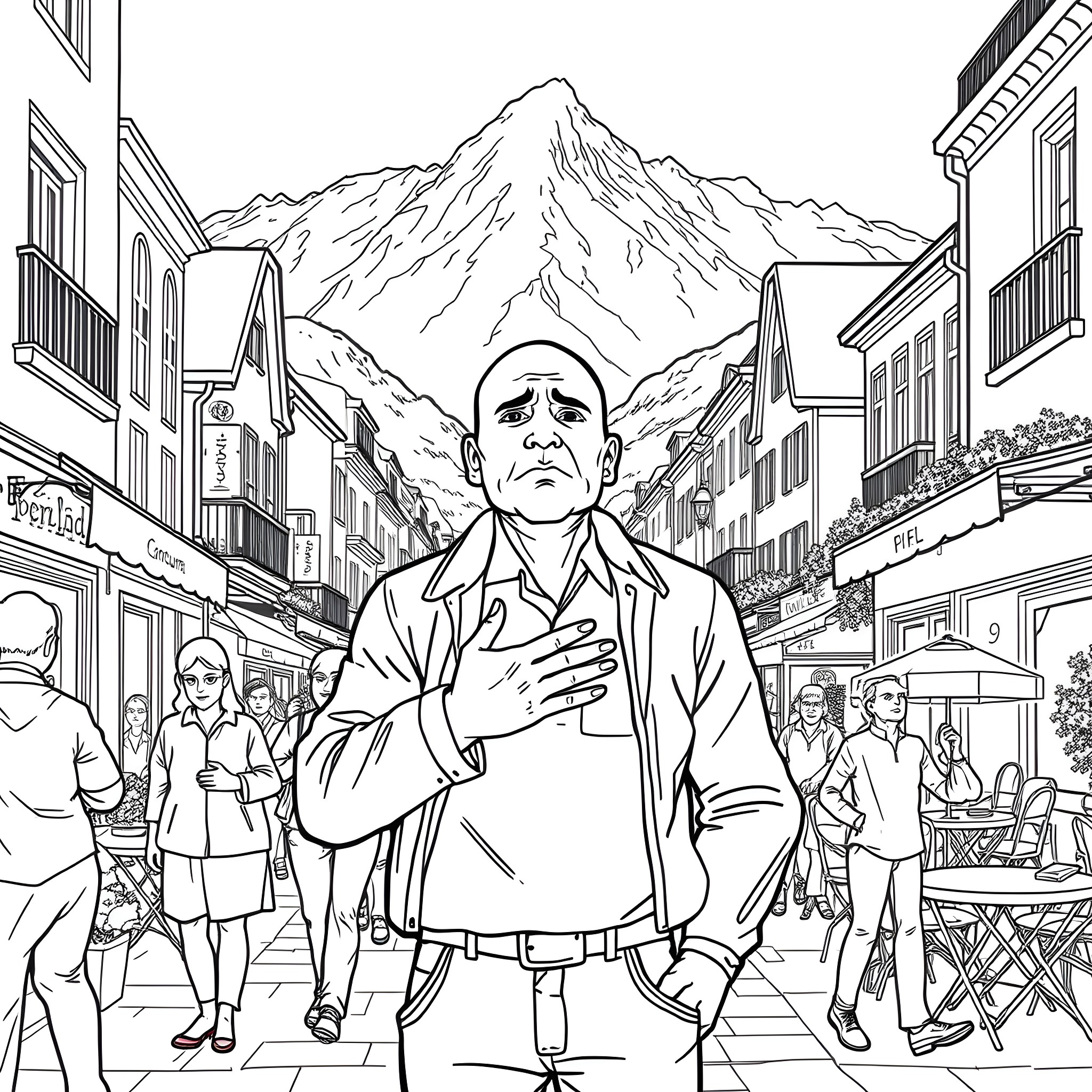 Bald Guy Walking Through a Bustling Mountain Town Coloring Page (free black-and-white line drawing printable PDF for all, from beginners to advanced learners, including children, teens, adults, and seniors)