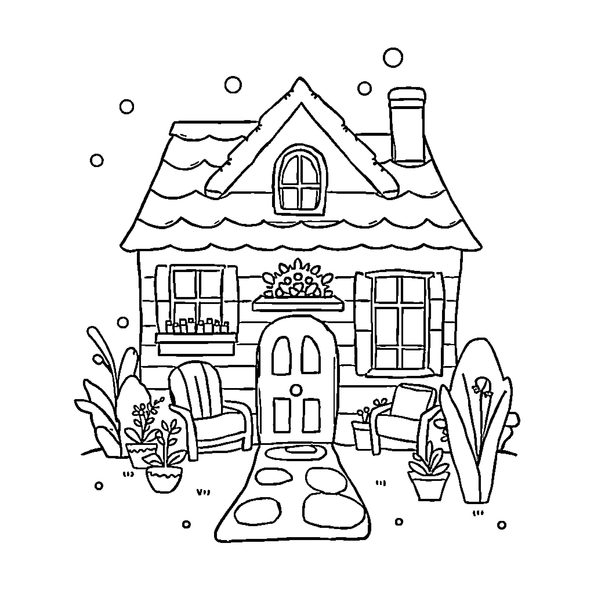 House with Cozy Outdoor Decor Coloring Page (free black-and-white line drawing printable PDF for all, from beginners to advanced learners, including children, teens, adults, and seniors)