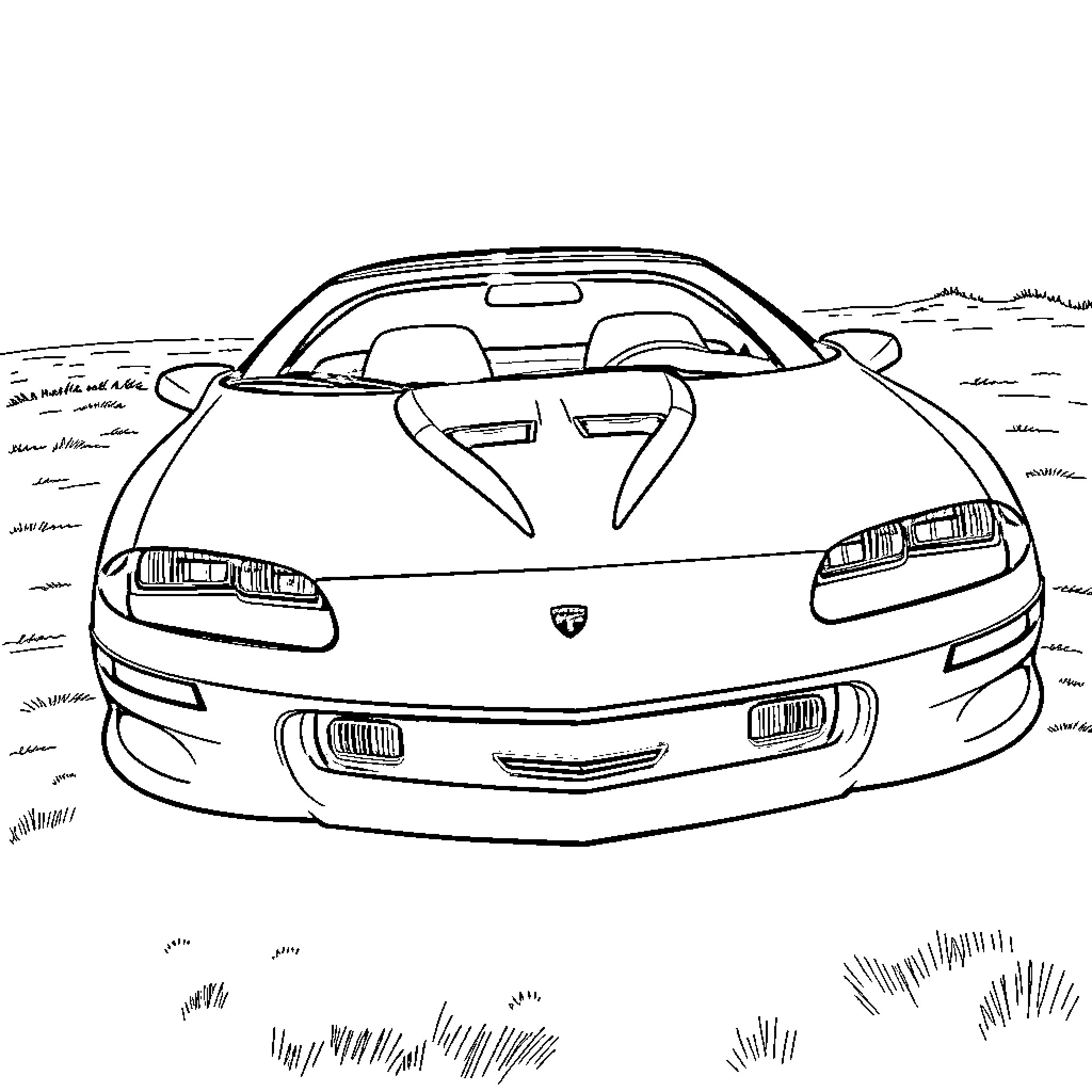 Camaro speeding through the countryside Coloring Page (free black-and-white line drawing printable PDF for all, from beginners to advanced learners, including children, teens, adults, and seniors)