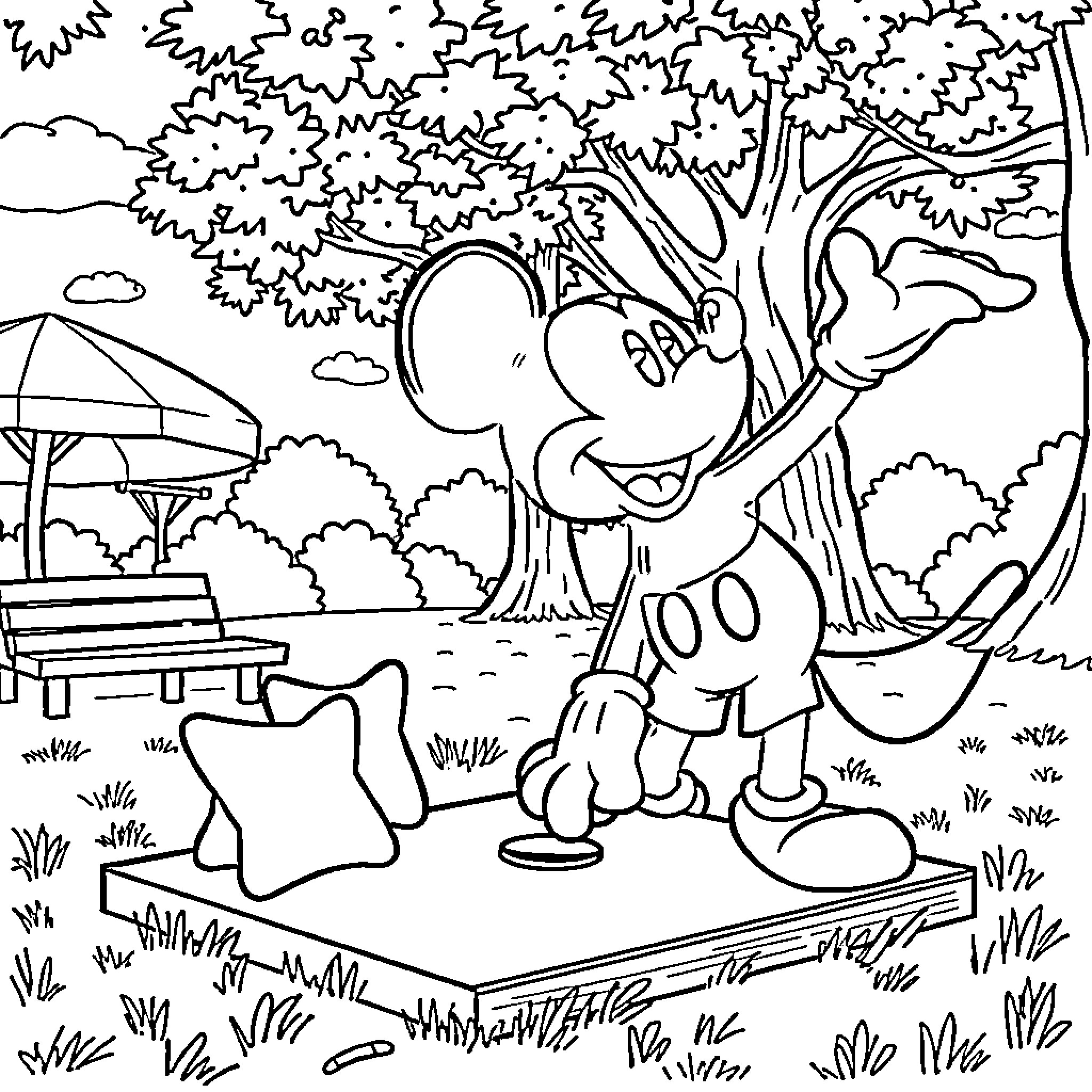 Mickey Mouse enjoying a sunny day in the park Coloring Page (free black-and-white line drawing printable PDF for all, from beginners to advanced learners, including children, teens, adults, and seniors)