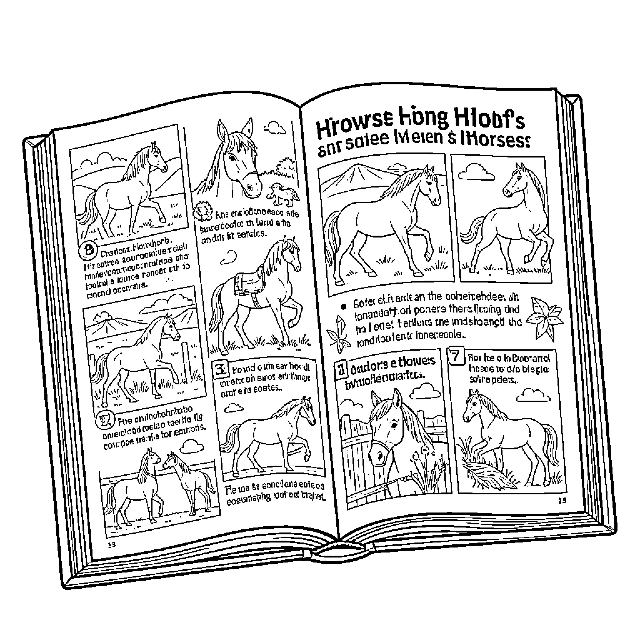Horse illustrations featured throughout an open book Coloring Page (free black-and-white line drawing printable PDF for all, from beginners to advanced learners, including children, teens, adults, and seniors)