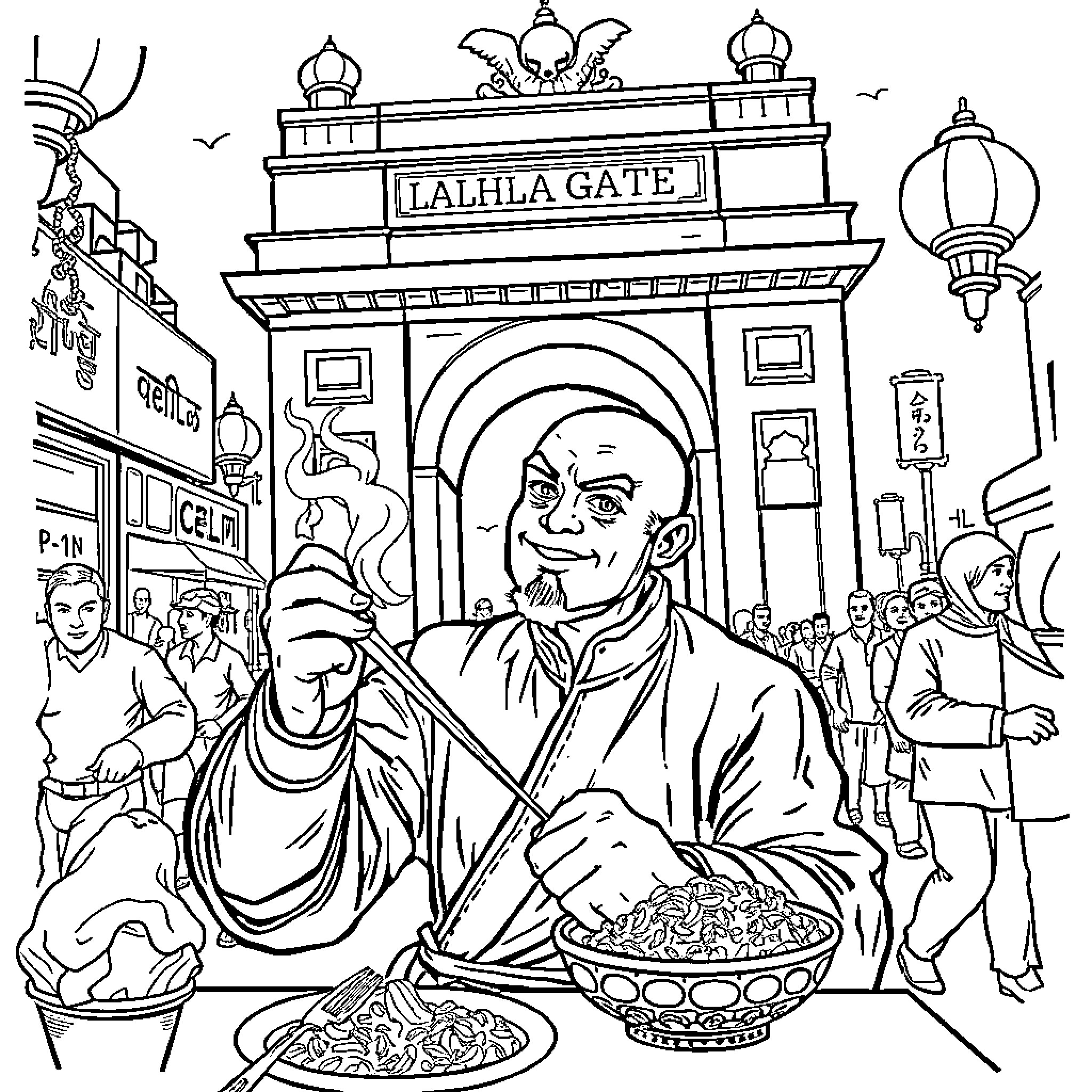 Kungfu Warrior at Lalhla Gate Street Market Coloring Page (free black-and-white line drawing printable PDF for all, from beginners to advanced learners, including children, teens, adults, and seniors)
