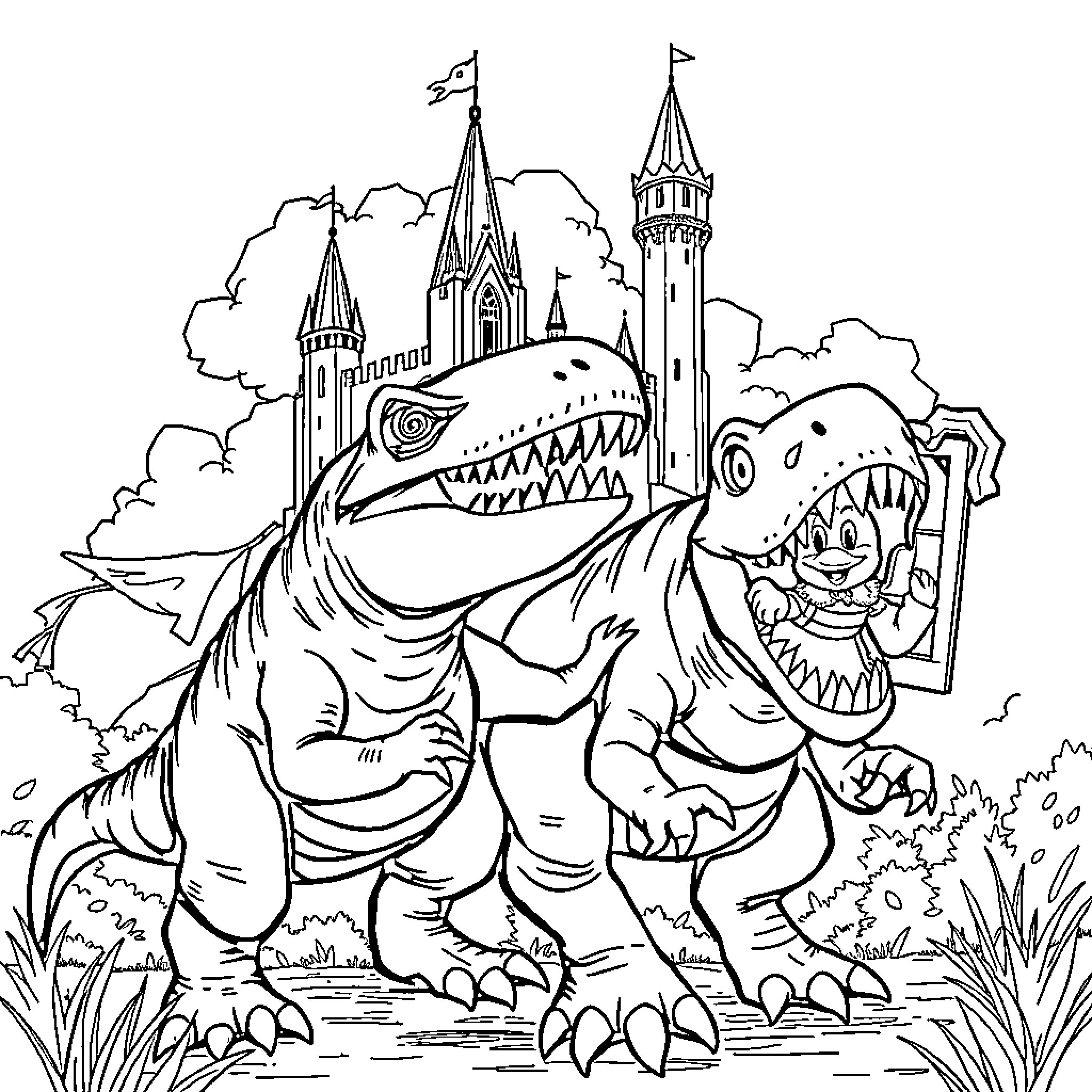 Streetshark Dinosaur Duo Explore Fantastical Castle Coloring Page (free black-and-white line drawing printable PDF for all, from beginners to advanced learners, including children, teens, adults, and seniors)