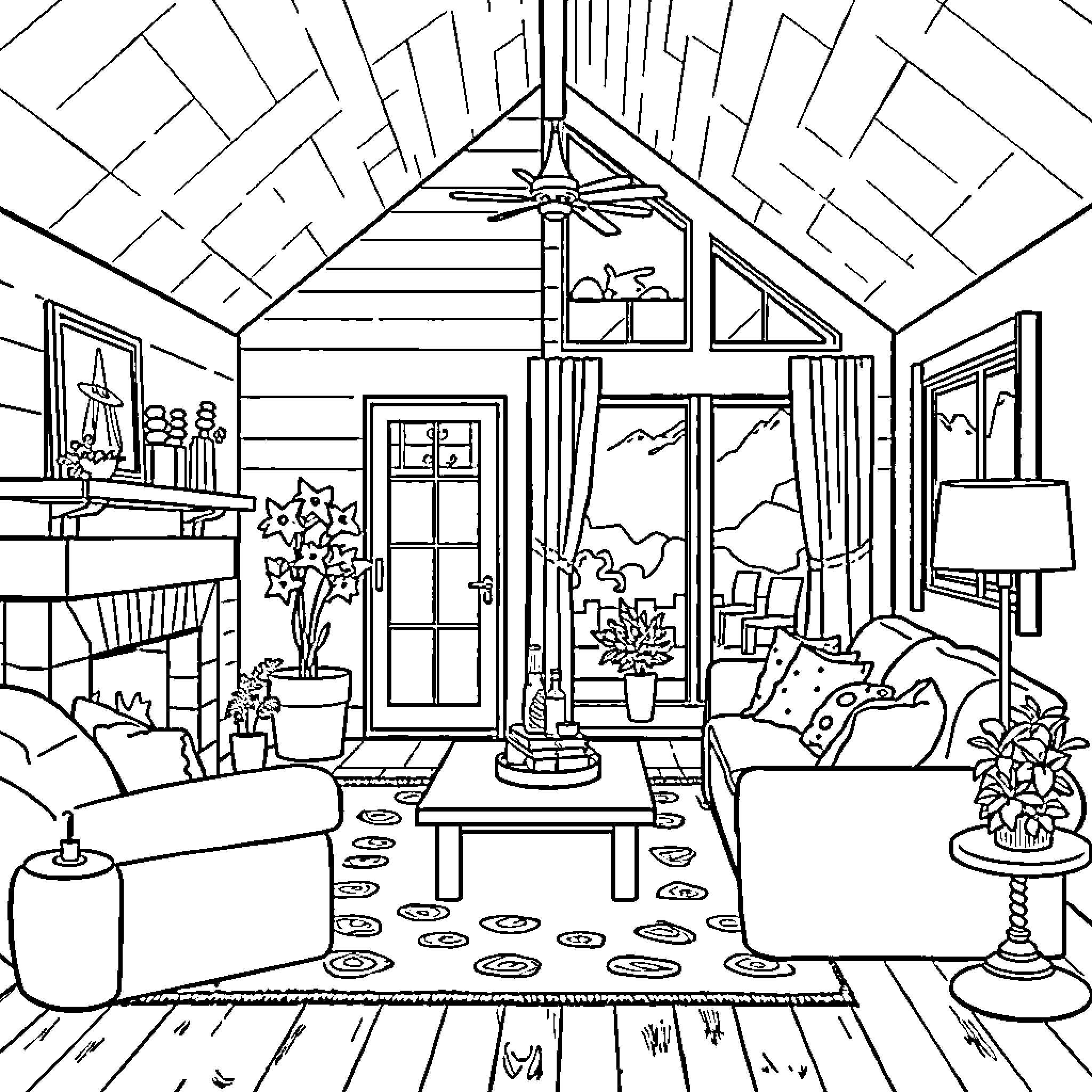 House with cozy indoor scene and nature view Coloring Page (free black-and-white line drawing printable PDF for all, from beginners to advanced learners, including children, teens, adults, and seniors)