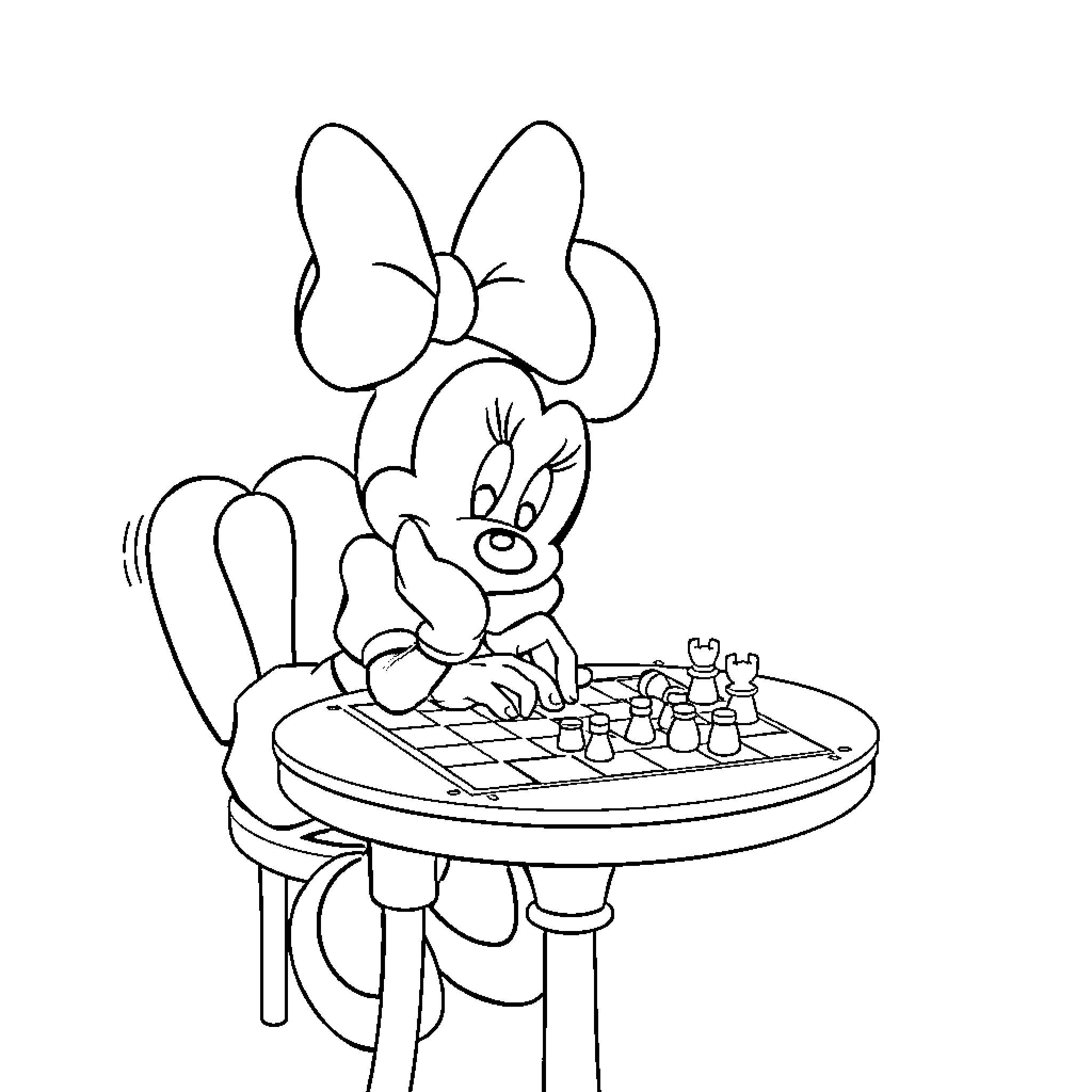 Minnie Mouse playing a game on a table Coloring Page (free black-and-white line drawing printable PDF for all, from beginners to advanced learners, including children, teens, adults, and seniors)
