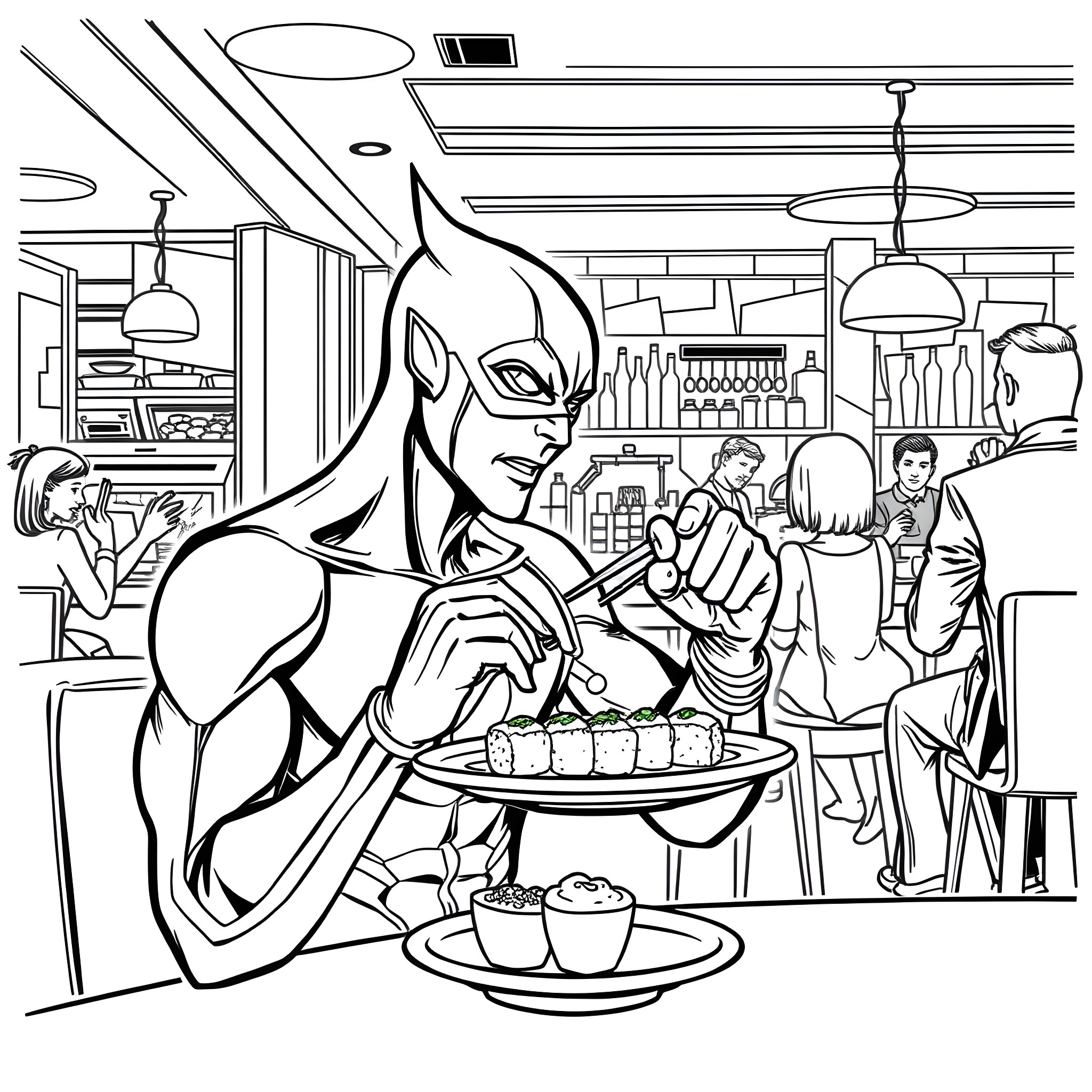 Flash Heroic Diner Adventure Coloring Page (free black-and-white line drawing printable PDF for all, from beginners to advanced learners, including children, teens, adults, and seniors)
