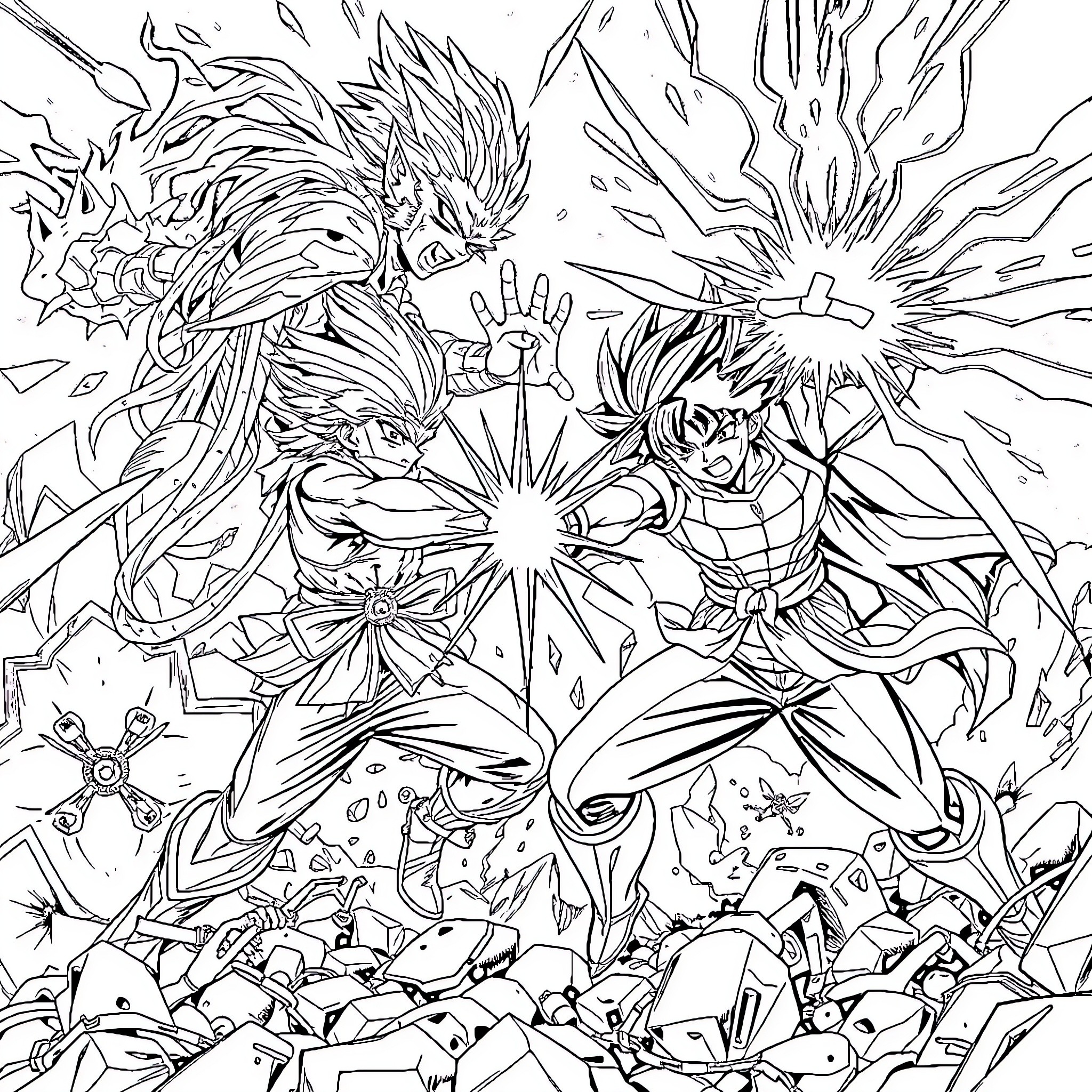 Anime Characters Unleashing Powerful Attacks Coloring Page (free black-and-white line drawing printable PDF for all, from beginners to advanced learners, including children, teens, adults, and seniors)