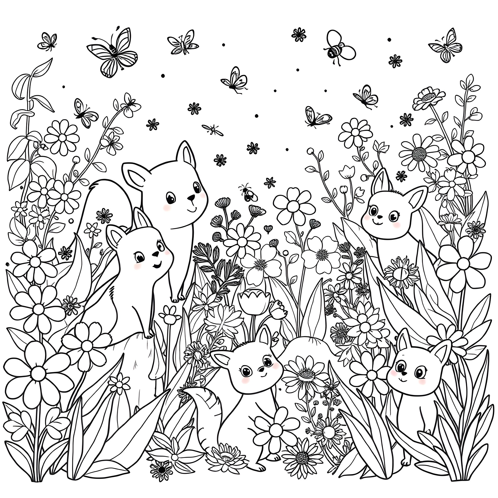 Animal Bunnies playing in a Floral Garden Coloring Page (free black-and-white line drawing printable PDF for all, from beginners to advanced learners, including children, teens, adults, and seniors)