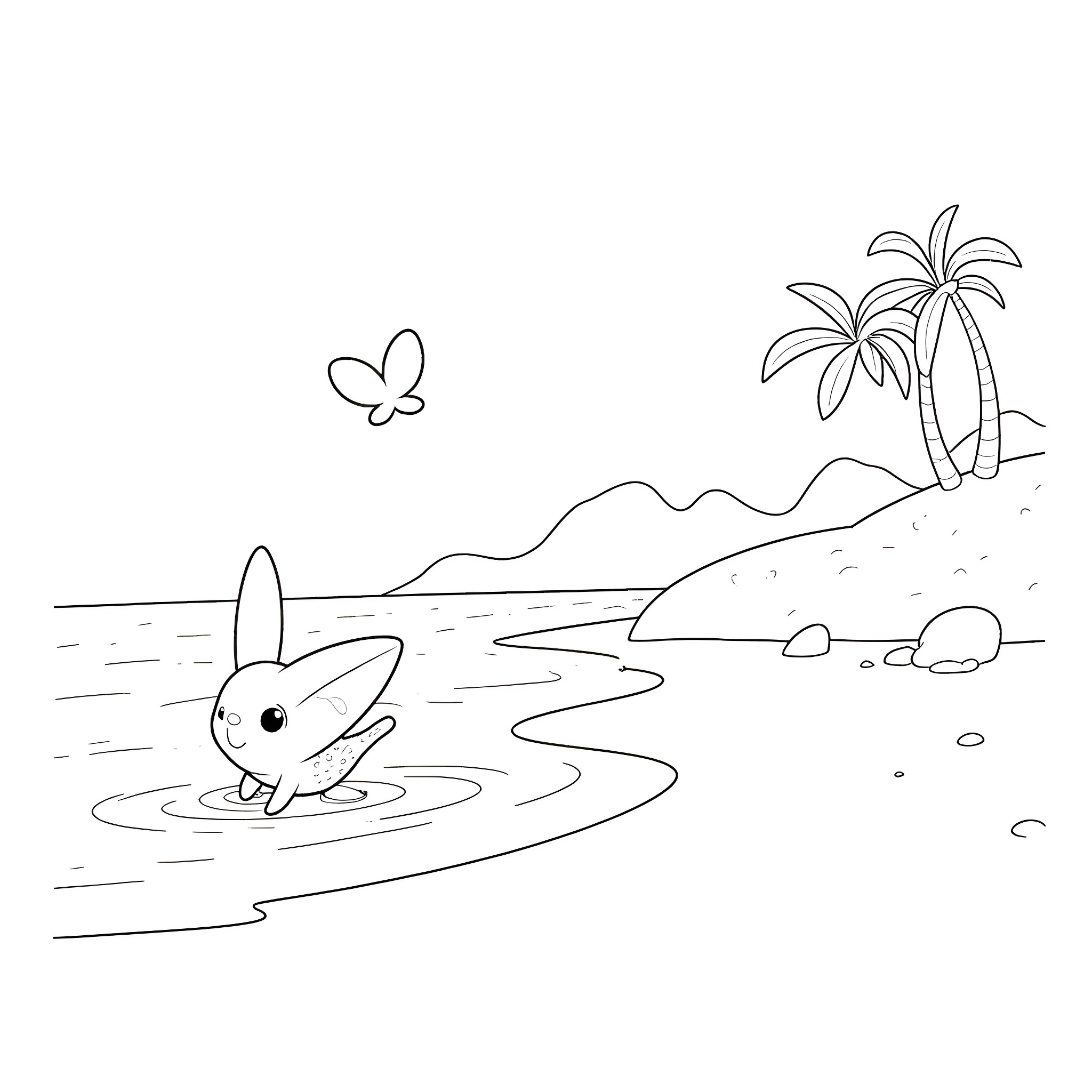 Flutter bunny playing in the tropical beach Coloring Page (free black-and-white line drawing printable PDF for all, from beginners to advanced learners, including children, teens, adults, and seniors)