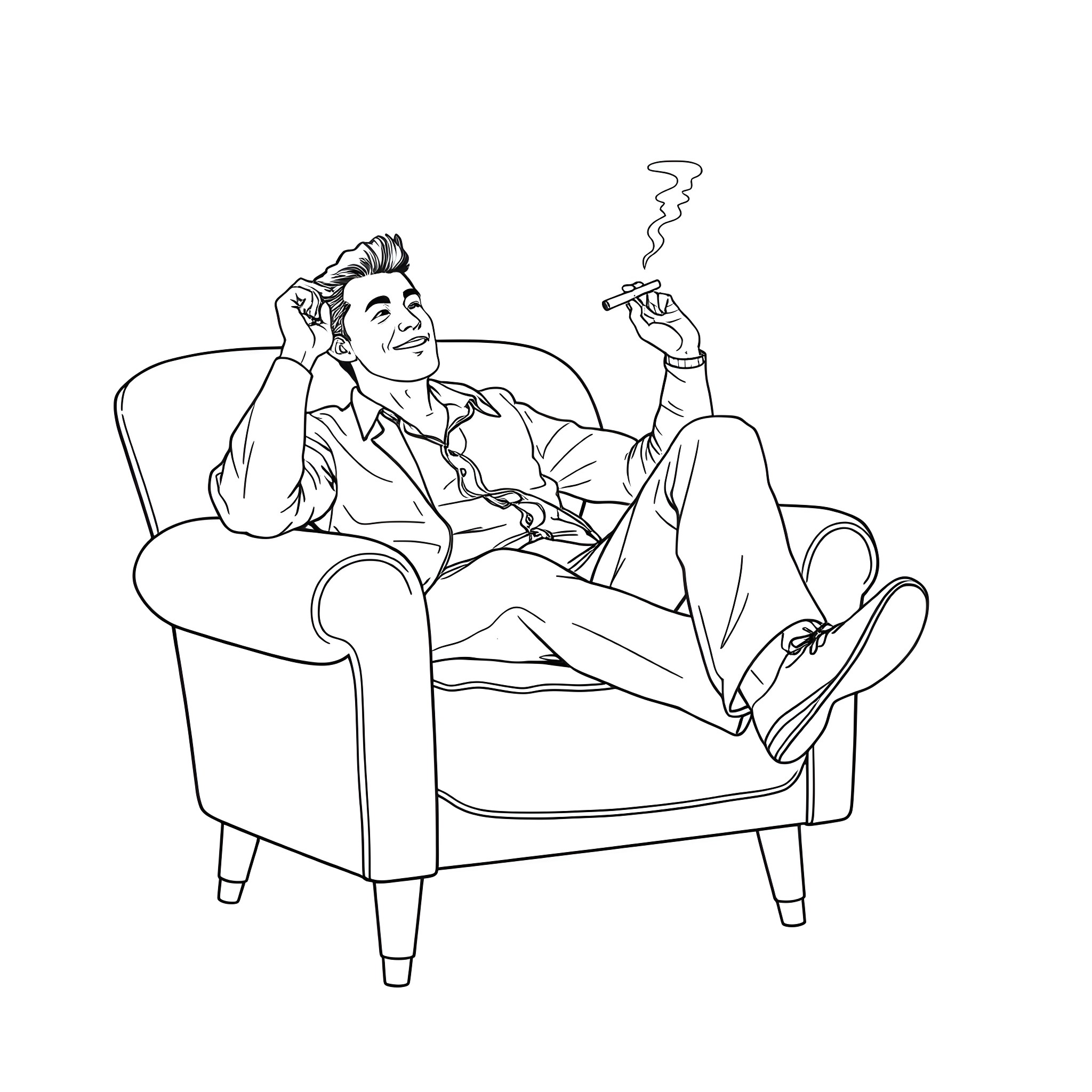 Man Relaxing Comfortably in Armchair Smoking Cigar Coloring Page (free black-and-white line drawing printable PDF for all, from beginners to advanced learners, including children, teens, adults, and seniors)
