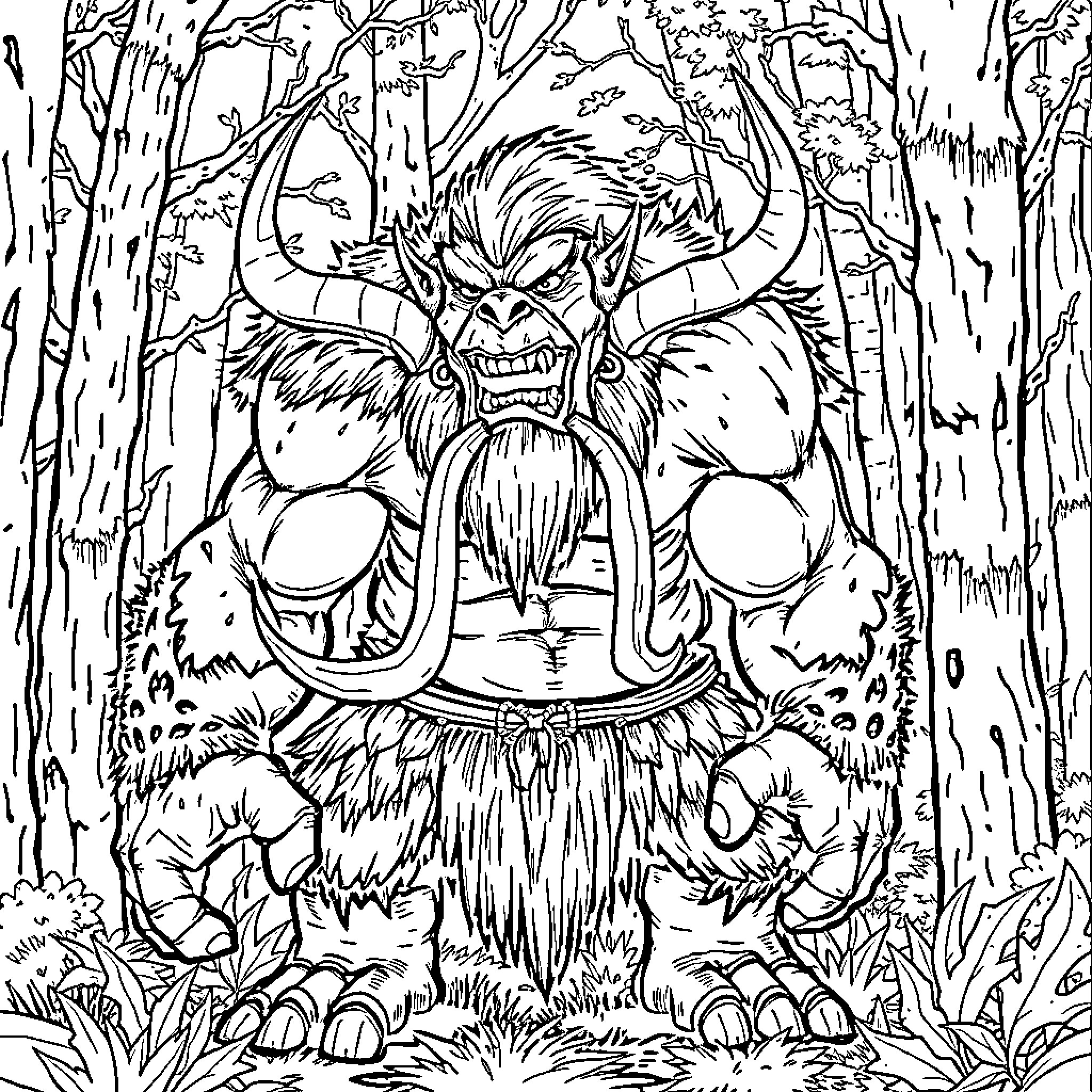 Orc warrior guarding the enchanted forest Coloring Page (free black-and-white line drawing printable PDF for all, from beginners to advanced learners, including children, teens, adults, and seniors)