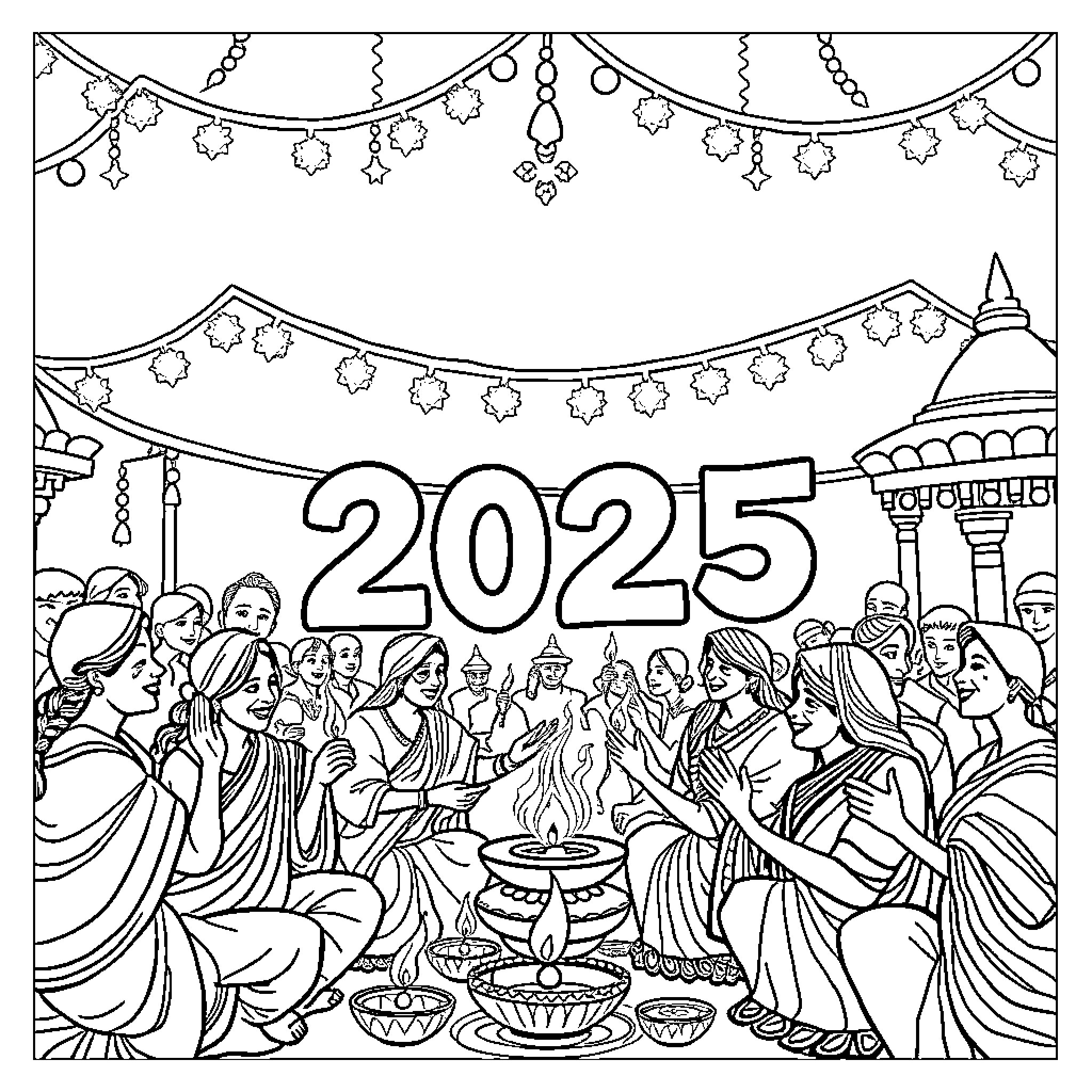 Diwali celebration with festive decorations and people Coloring Page (free black-and-white line drawing printable PDF for all, from beginners to advanced learners, including children, teens, adults, and seniors)