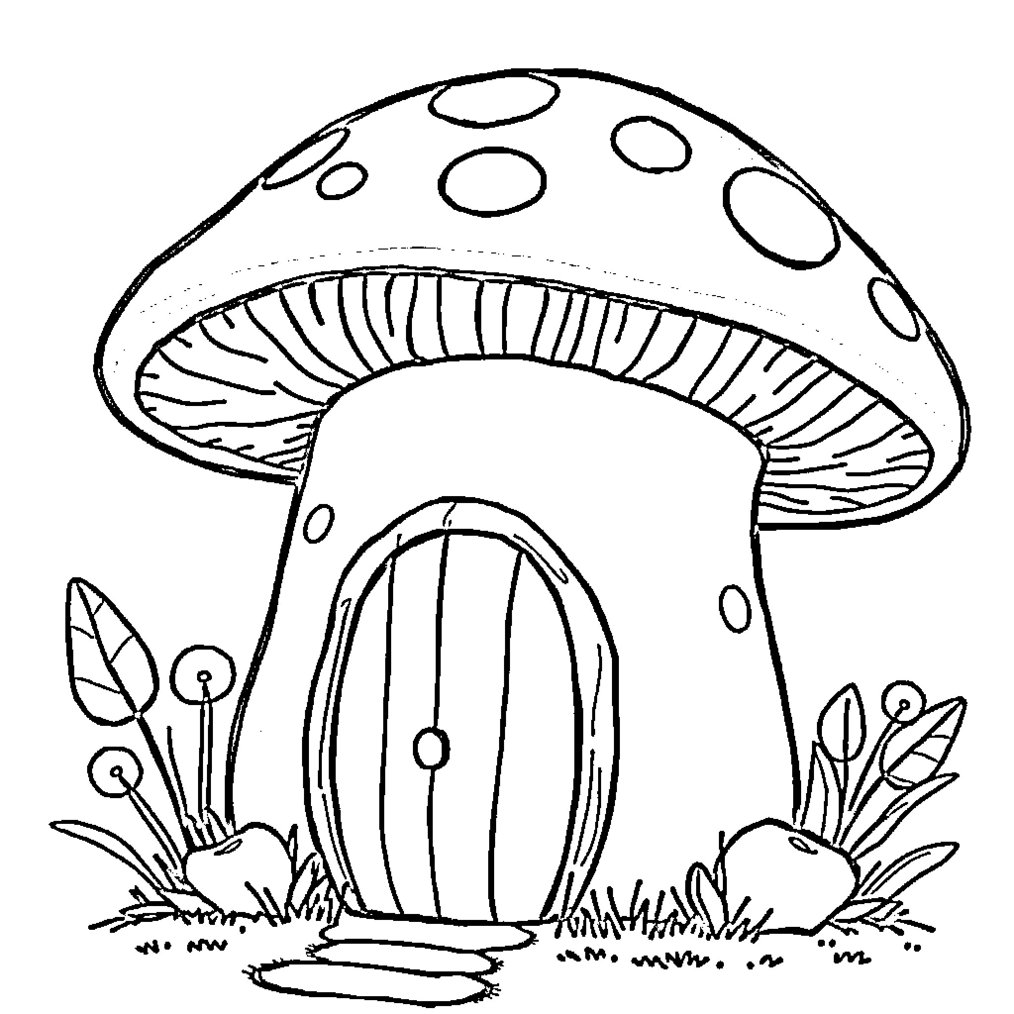 Mushroom house in forest scene Coloring Page (free black-and-white line drawing printable PDF for all, from beginners to advanced learners, including children, teens, adults, and seniors)