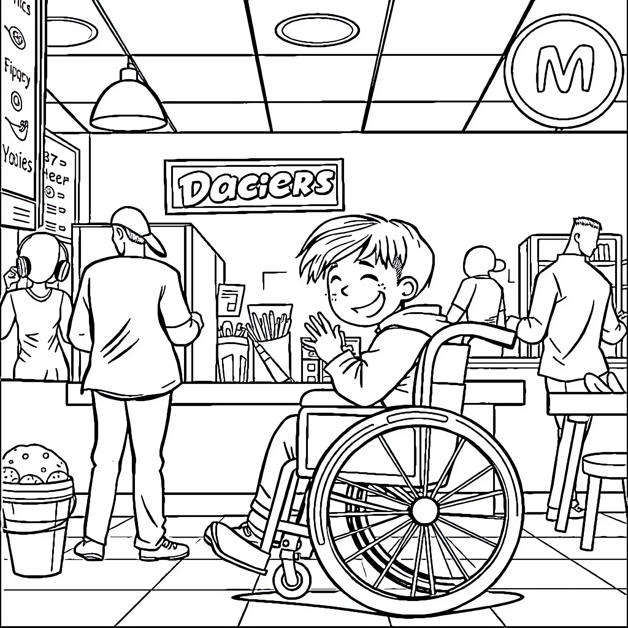 Kid in wheelchair enjoying fast food at diner Coloring Page (free black-and-white line drawing printable PDF for all, from beginners to advanced learners, including children, teens, adults, and seniors)