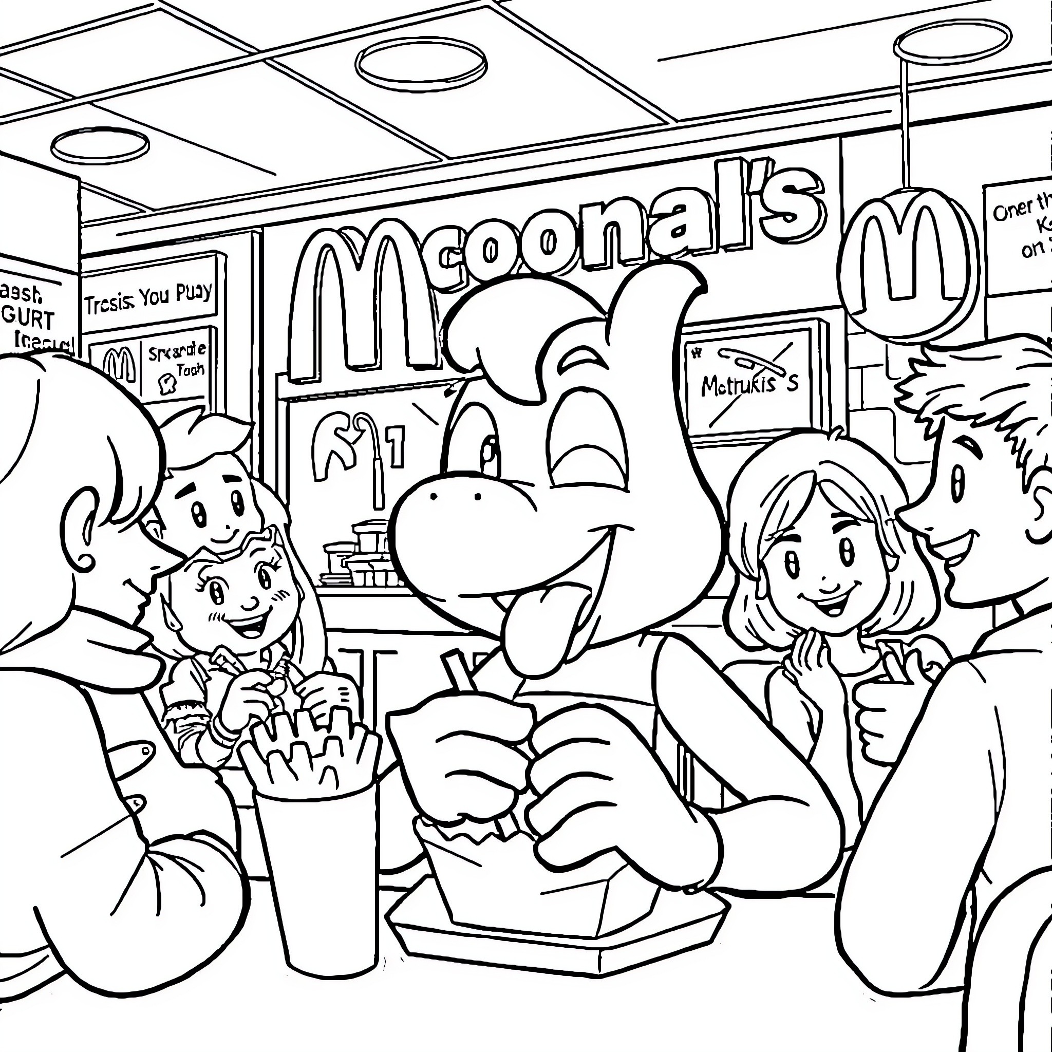 Sprunki's Visit to the Fast Food Restaurant Coloring Page (free black-and-white line drawing printable PDF for all, from beginners to advanced learners, including children, teens, adults, and seniors)